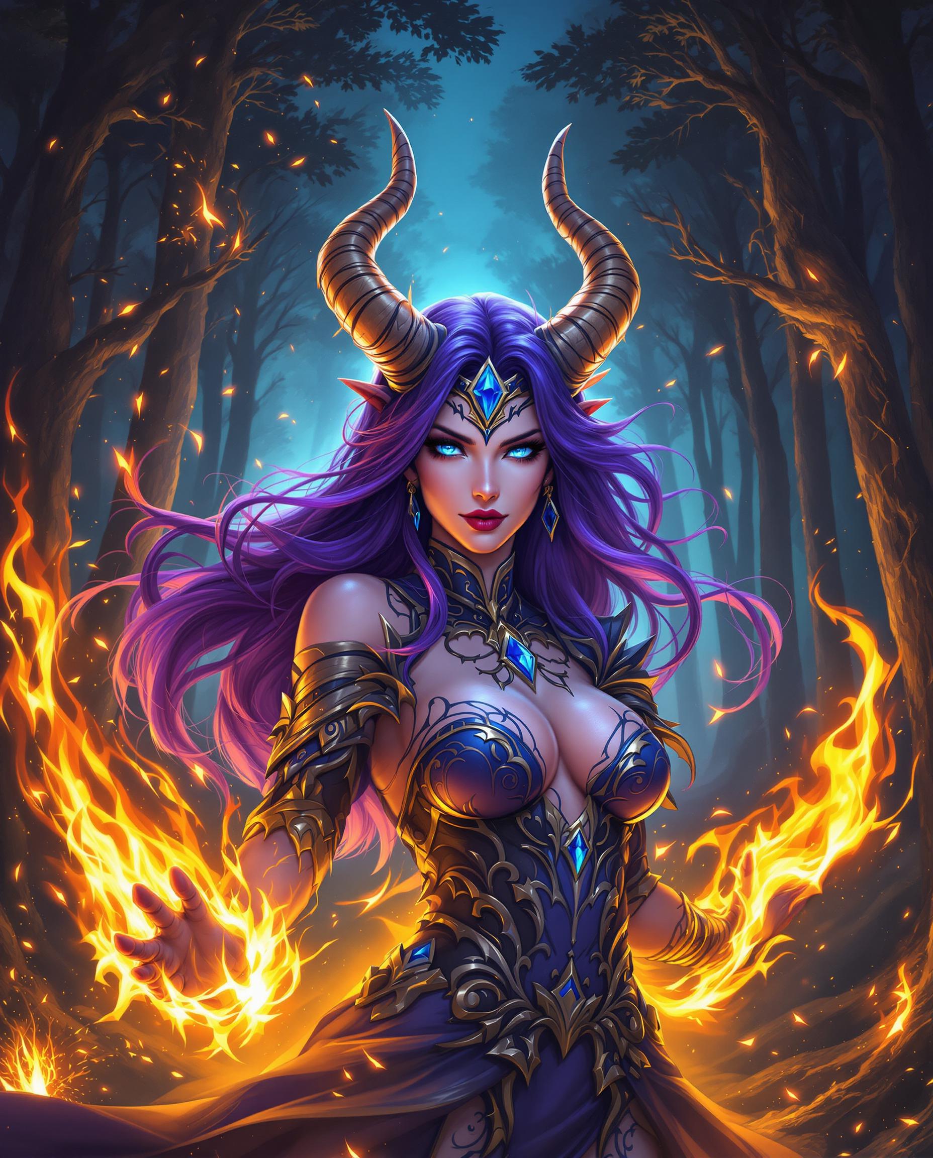 This is a realistic photo (photograph) of a female real person digital artwork that features a fantasy character. The art style is highly detailed and stylized, with a focus on vibrant colors and intricate patterns. The medium appears to be a digital painting, given the smooth blending of colors and the lack of texture that might be present in a traditional painting.The character is a female with flowing purple hair and piercing blue eyes. She has a regal bearing, accentuated by a headpiece with horns and a blue gemstone. Her attire is richly detailed, with a combination of feathers, leather, and metal, all adorned with patterns that echo the swirling designs on her skin and clothing. The colors in her outfit are primarily purples and blues, with touches of gold and black.She is surrounded by a magical aura, with flames and sparks floating around her. The flames are a vivid orange and yellow, with hints of red, creating a dynamic contrast against the cool tones of her skin and clothing. The sparks are small and numerous, adding to the sense of magic and energy in the scene.The background is a dark forest, with tall, slender trees that reach into the night sky. The trees are engulfed in flames, with the fire reflecting off the leaves and creating a warm, golden glow. The ground is covered in embers and ash, further emphasizing the magical and destructive power of the scene.Overall, the image is a stunning representation of fantasy art, with a focus on detailed characters, vibrant colors, and a sense of magic and power.