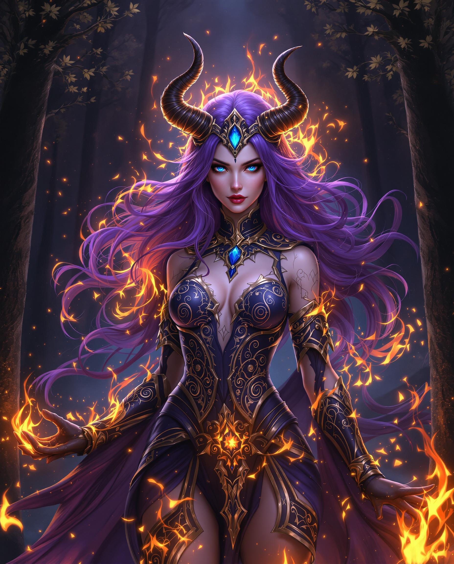 This is a realistic photo (photograph) of a female real person digital artwork that features a fantasy character. The art style is highly detailed and stylized, with a focus on vibrant colors and intricate patterns. The medium appears to be a digital painting, given the smooth blending of colors and the lack of texture that might be present in a traditional painting.The character is a female with flowing purple hair and piercing blue eyes. She has a regal bearing, accentuated by a headpiece with horns and a blue gemstone. Her attire is richly detailed, with a combination of feathers, leather, and metal, all adorned with patterns that echo the swirling designs on her skin and clothing. The colors in her outfit are primarily purples and blues, with touches of gold and black.She is surrounded by a magical aura, with flames and sparks floating around her. The flames are a vivid orange and yellow, with hints of red, creating a dynamic contrast against the cool tones of her skin and clothing. The sparks are small and numerous, adding to the sense of magic and energy in the scene.The background is a dark forest, with tall, slender trees that reach into the night sky. The trees are engulfed in flames, with the fire reflecting off the leaves and creating a warm, golden glow. The ground is covered in embers and ash, further emphasizing the magical and destructive power of the scene.Overall, the image is a stunning representation of fantasy art, with a focus on detailed characters, vibrant colors, and a sense of magic and power.