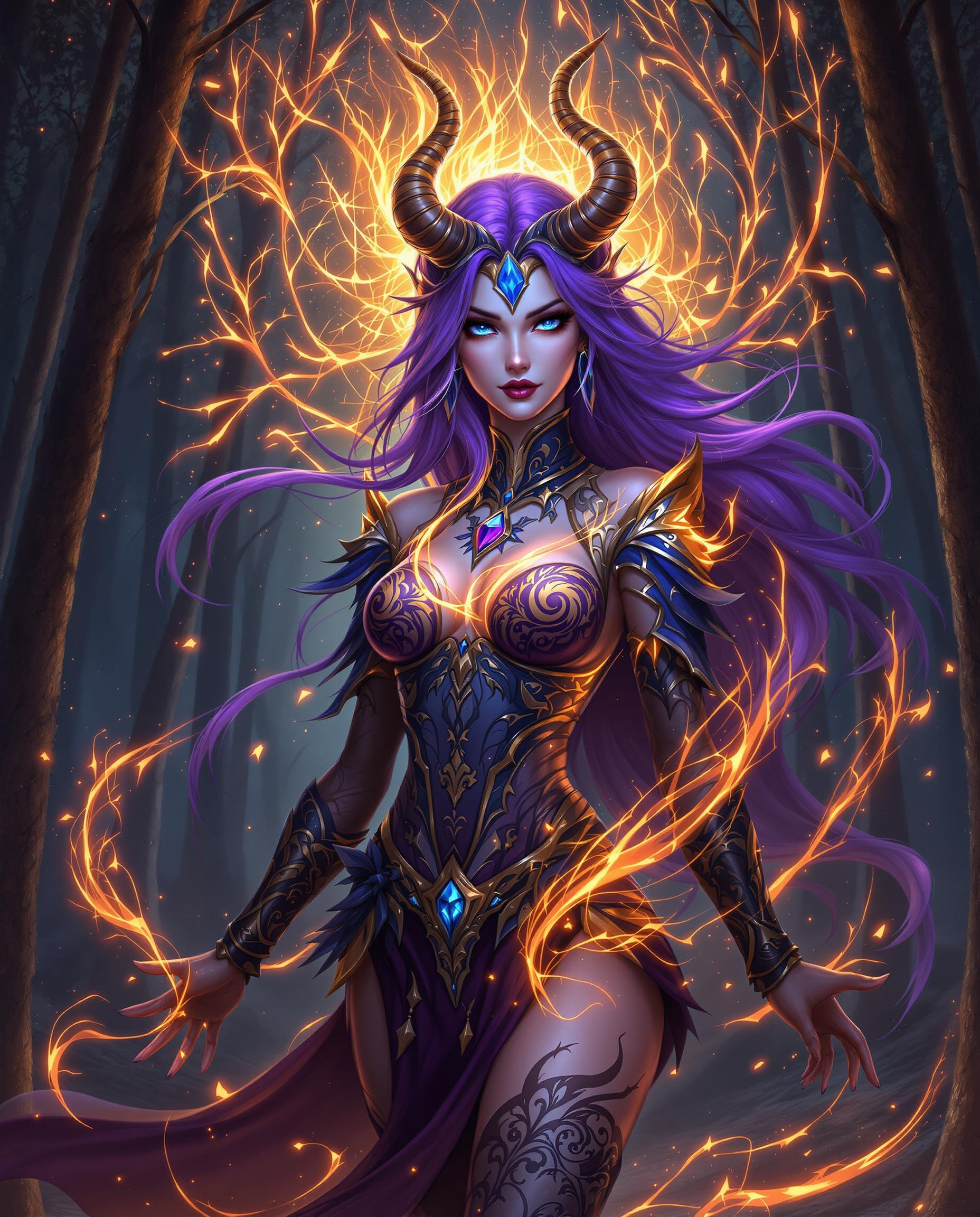 This is a realistic photo (photograph) of a female real person digital artwork that features a fantasy character. The art style is highly detailed and stylized, with a focus on vibrant colors and intricate patterns. The medium appears to be a digital painting, given the smooth blending of colors and the lack of texture that might be present in a traditional painting.The character is a female with flowing purple hair and piercing blue eyes. She has a regal bearing, accentuated by a headpiece with horns and a blue gemstone. Her attire is richly detailed, with a combination of feathers, leather, and metal, all adorned with patterns that echo the swirling designs on her skin and clothing. The colors in her outfit are primarily purples and blues, with touches of gold and black.She is surrounded by a magical aura, with flames and sparks floating around her. The flames are a vivid orange and yellow, with hints of red, creating a dynamic contrast against the cool tones of her skin and clothing. The sparks are small and numerous, adding to the sense of magic and energy in the scene.The background is a dark forest, with tall, slender trees that reach into the night sky. The trees are engulfed in flames, with the fire reflecting off the leaves and creating a warm, golden glow. The ground is covered in embers and ash, further emphasizing the magical and destructive power of the scene.Overall, the image is a stunning representation of fantasy art, with a focus on detailed characters, vibrant colors, and a sense of magic and power.