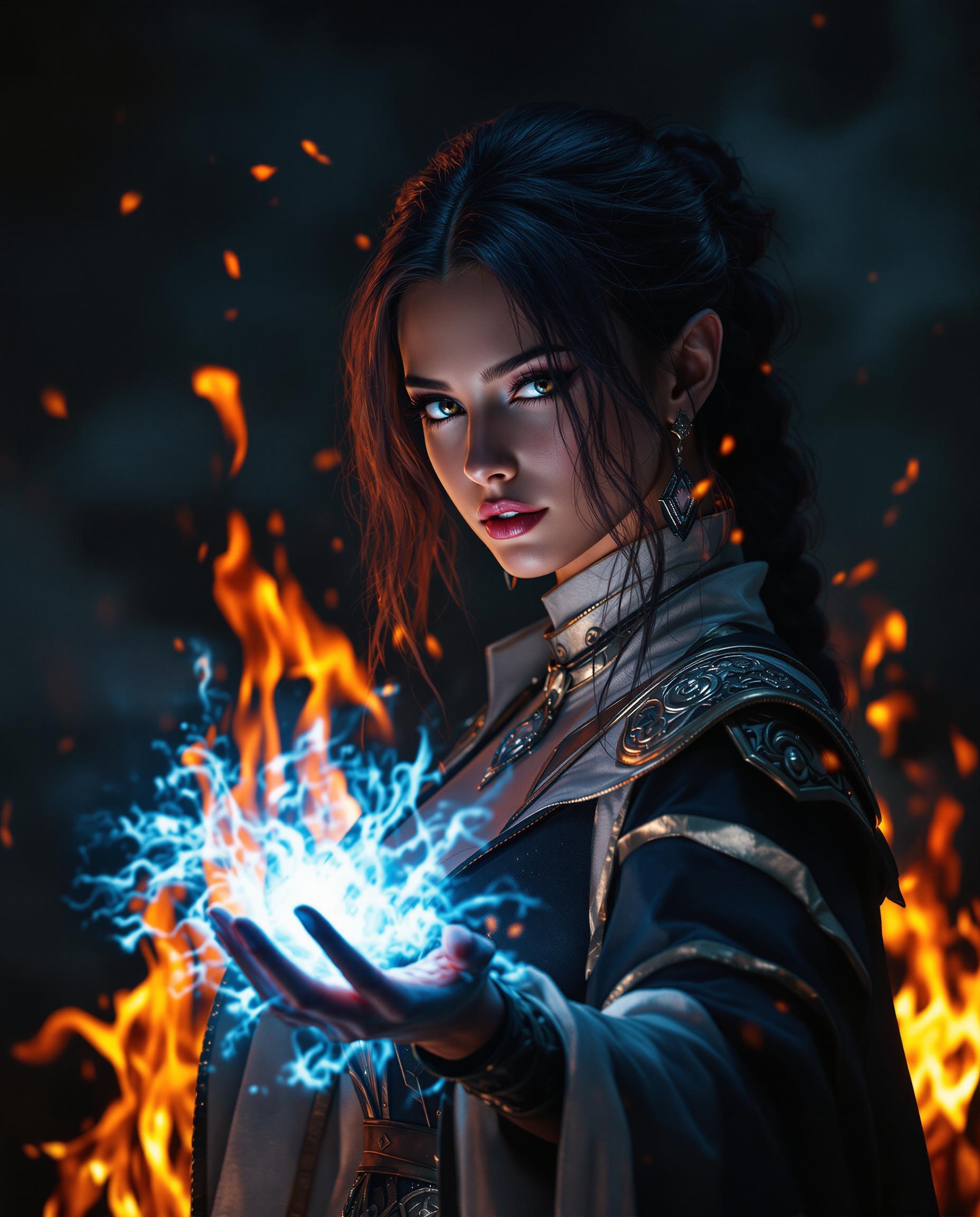 This image is a realistic photo (photograph) of a female real person richly detailed fantasy artwork that showcases a variety of artistic elements Composition The subject is placed offcenter to the right, which creates a dynamic tension and draws the viewers eye across the image. The use of negative space is masterful, with the dark, fiery background contrasting sharply with the lighter, cooler tones of the subject, emphasizing her as the focal point. The composition is balanced with a sense of depth, achieved through the layering of elements and the strategic placement of the subject in front of the flames. The perspective is slightly skewed, with the subjects hand and arm appearing elongated, which adds to the dramatic effect of the image.Lighting The lighting is dramatic and atmospheric, with a warm, fiery glow in the background that sets a fantasy and magical tone. The subject is illuminated from above, casting a soft light on her face and body, which creates a gentle contrast with the harsher light of the flames. The lighting accentuates the textures and details of the subjects attire and the magical energy she seems to be channeling. The play of light and shadow adds to the threedimensional quality of the image, giving the subject and the background a sense of volume and presence.Style The style is reminiscent of digital fantasy art, with a high level of detail and attention to texture and pattern. The use of vibrant colors and intricate designs gives the image a sense of otherworldliness and fantasy. The subject is styled in a way that suggests she might be a character from a video game or a comic book, with a mix of modern and fantasy elements in her costume. The overall style is cinematic, with a focus on creating a mood and a sense of narrative through visual storytelling.