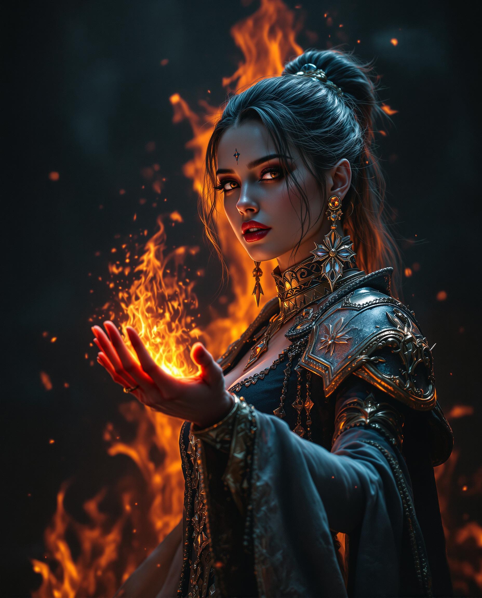 This image is a realistic photo (photograph) of a female real person richly detailed fantasy artwork that showcases a variety of artistic elements Composition The subject is placed offcenter to the right, which creates a dynamic tension and draws the viewers eye across the image. The use of negative space is masterful, with the dark, fiery background contrasting sharply with the lighter, cooler tones of the subject, emphasizing her as the focal point. The composition is balanced with a sense of depth, achieved through the layering of elements and the strategic placement of the subject in front of the flames. The perspective is slightly skewed, with the subjects hand and arm appearing elongated, which adds to the dramatic effect of the image.Lighting The lighting is dramatic and atmospheric, with a warm, fiery glow in the background that sets a fantasy and magical tone. The subject is illuminated from above, casting a soft light on her face and body, which creates a gentle contrast with the harsher light of the flames. The lighting accentuates the textures and details of the subjects attire and the magical energy she seems to be channeling. The play of light and shadow adds to the threedimensional quality of the image, giving the subject and the background a sense of volume and presence.Style The style is reminiscent of digital fantasy art, with a high level of detail and attention to texture and pattern. The use of vibrant colors and intricate designs gives the image a sense of otherworldliness and fantasy. The subject is styled in a way that suggests she might be a character from a video game or a comic book, with a mix of modern and fantasy elements in her costume. The overall style is cinematic, with a focus on creating a mood and a sense of narrative through visual storytelling.