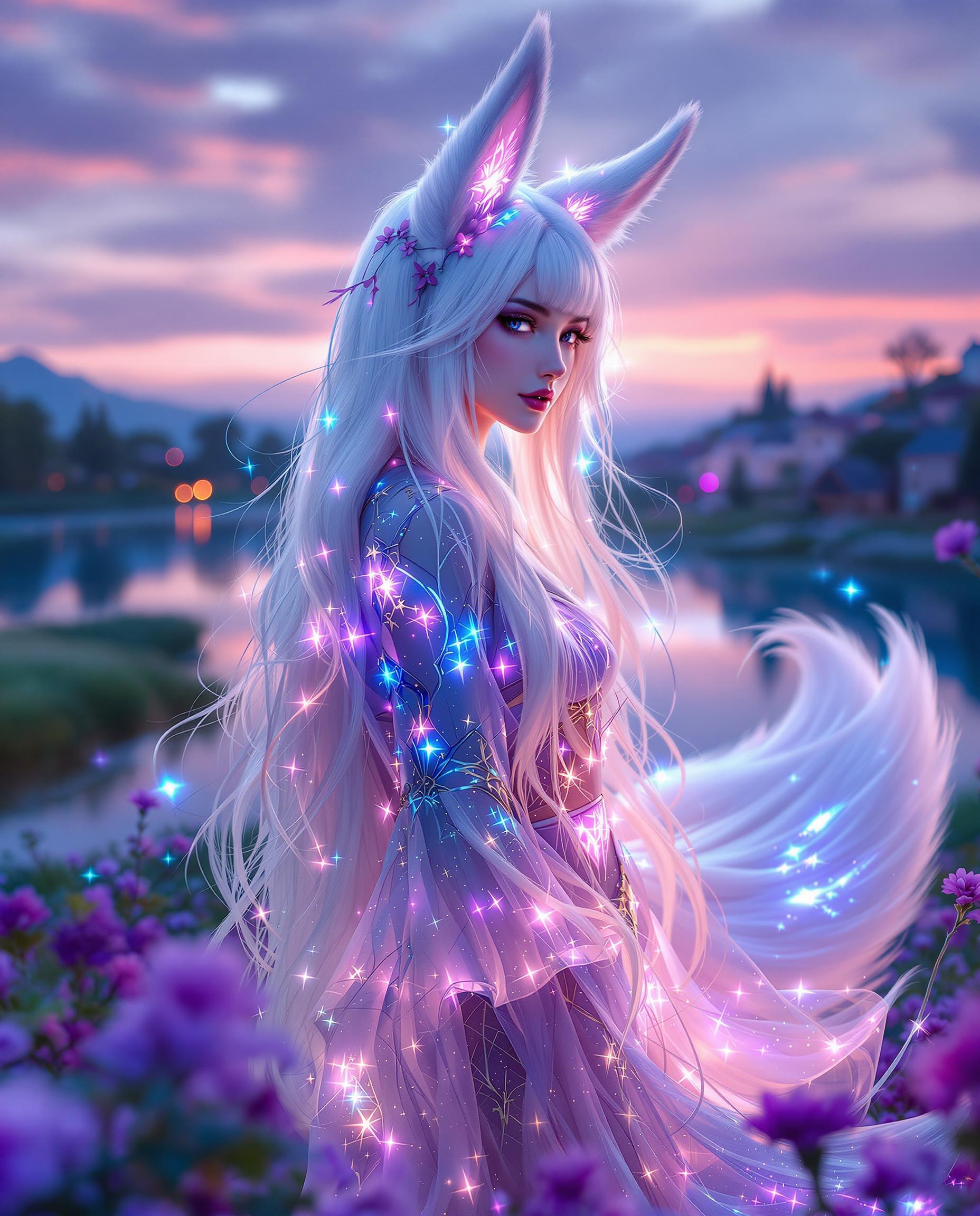 A stunning DSLR photo captures a white-haired humanoid kitsune with foxlike ears and a flowing tail, standing gracefully near a serene body of water at sunset. Her long hair caresses her face, and she wears a translucent, ethereal garment with glowing luminescent patterns, exuding a mystical aura in rich purples and blues, shot with a 50mm lens for a shallow depth of field. The background reflects a tranquil landscape with calm water, a gradient sunset sky, distant trees, a small village, and blooming purple flowers in the foreground, all bathed in soft, cinematic lighting with 8K detail.