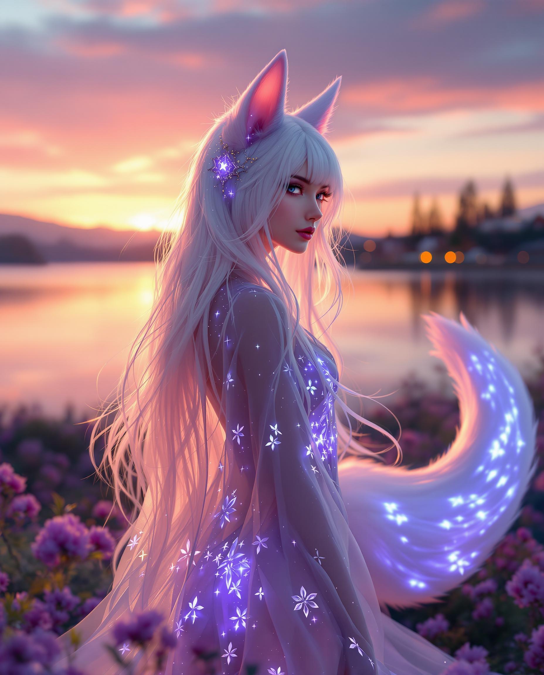 A stunning DSLR photo captures a white-haired humanoid kitsune with foxlike ears and a flowing tail, standing gracefully near a serene body of water at sunset. Her long hair caresses her face, and she wears a translucent, ethereal garment with glowing luminescent patterns, exuding a mystical aura in rich purples and blues, shot with a 50mm lens for a shallow depth of field. The background reflects a tranquil landscape with calm water, a gradient sunset sky, distant trees, a small village, and blooming purple flowers in the foreground, all bathed in soft, cinematic lighting with 8K detail.