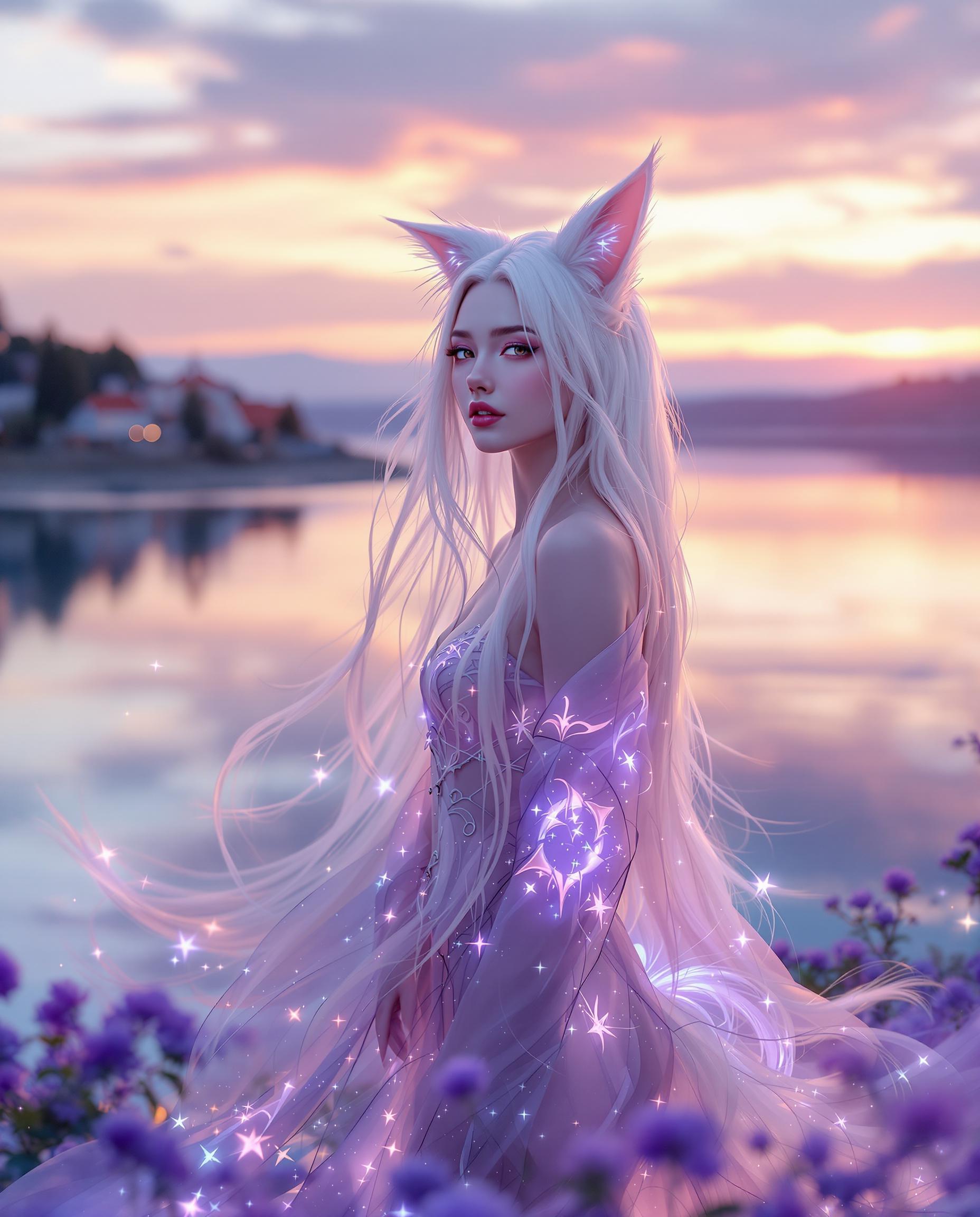 A stunning DSLR photo captures a white-haired humanoid kitsune with foxlike ears and a flowing tail, standing gracefully near a serene body of water at sunset. Her long hair caresses her face, and she wears a translucent, ethereal garment with glowing luminescent patterns, exuding a mystical aura in rich purples and blues, shot with a 50mm lens for a shallow depth of field. The background reflects a tranquil landscape with calm water, a gradient sunset sky, distant trees, a small village, and blooming purple flowers in the foreground, all bathed in soft, cinematic lighting with 8K detail.