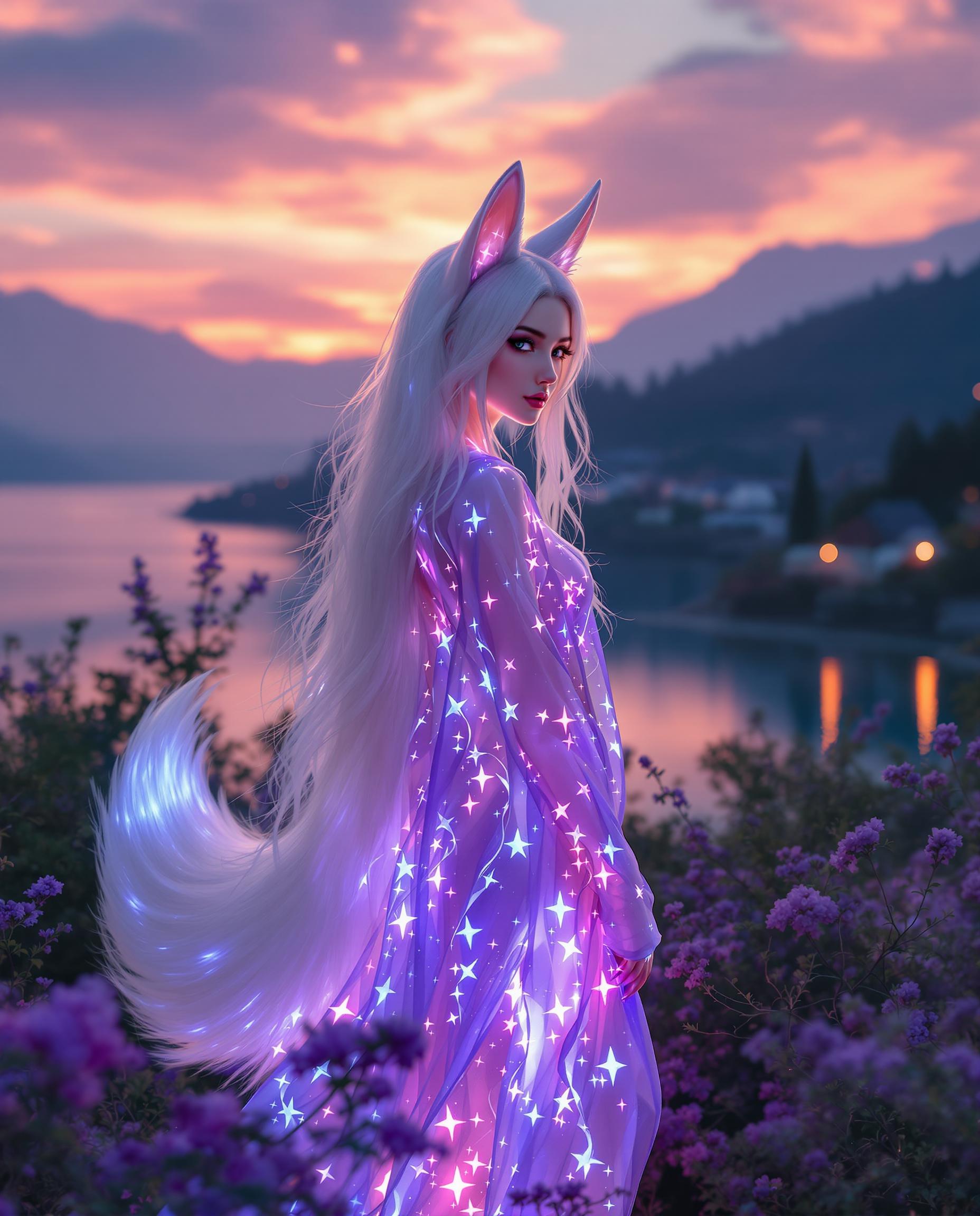 A stunning DSLR photo captures a white-haired humanoid kitsune with foxlike ears and a flowing tail, standing gracefully near a serene body of water at sunset. Her long hair caresses her face, and she wears a translucent, ethereal garment with glowing luminescent patterns, exuding a mystical aura in rich purples and blues, shot with a 50mm lens for a shallow depth of field. The background reflects a tranquil landscape with calm water, a gradient sunset sky, distant trees, a small village, and blooming purple flowers in the foreground, all bathed in soft, cinematic lighting with 8K detail.