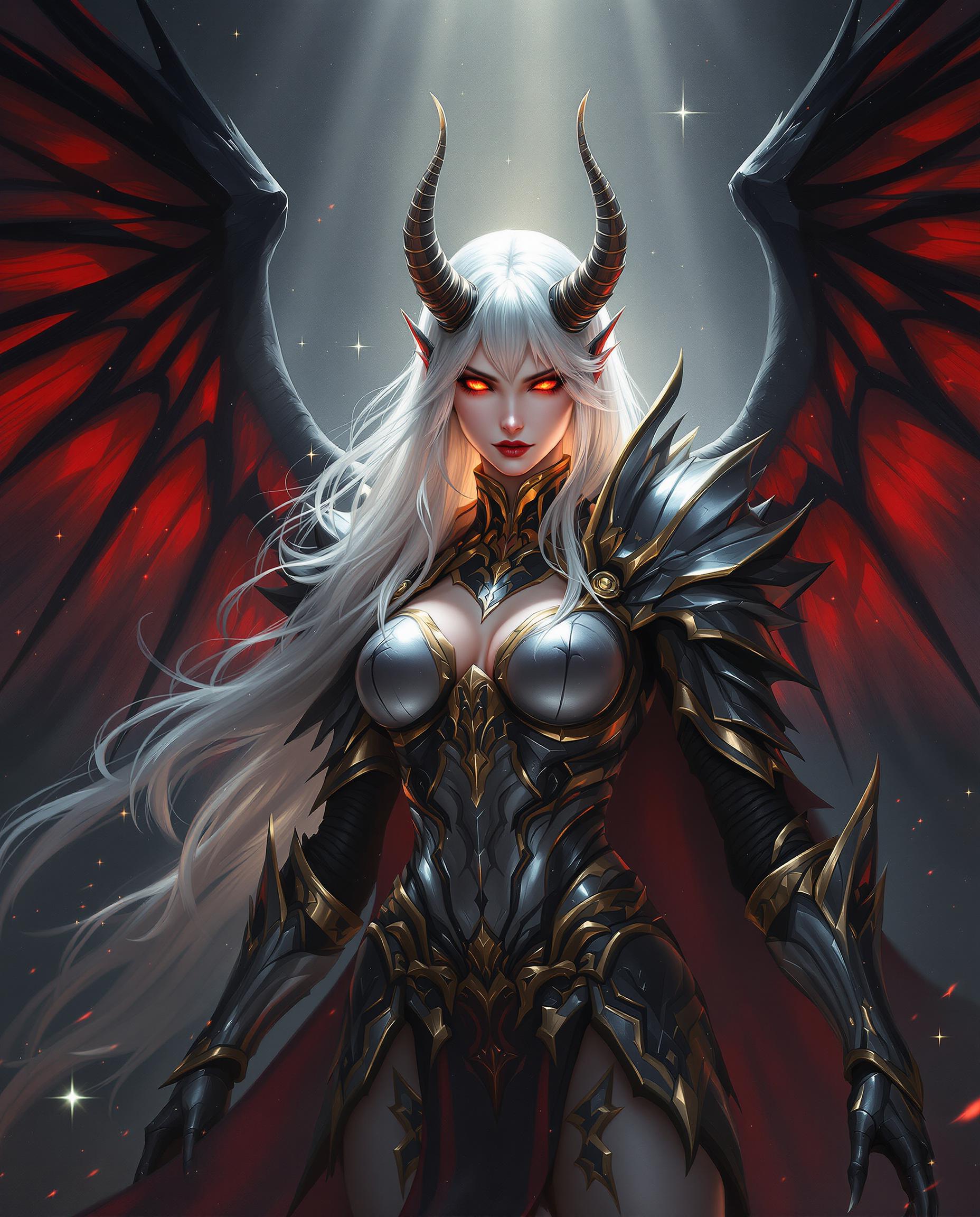 This image is a realistic photo (photograph) of a female real person digital artwork that features a female figure with a fantasy aesthetic. The art style is reminiscent of high fantasy, with a focus on detailed armor, wings, and a dramatic, almost cinematic quality. The medium appears to be a digital painting, given the smooth gradients and the lack of texture that one might find in traditional mediums.The colors in the image are rich and varied, with a dark, moody palette that is punctuated by vibrant reds and golds. The figure is clad in armor that is predominantly silver with gold trimmings, which gives it a regal and almost otherworldly appearance. The armor is adorned with intricate designs and patterns, and the figures attire includes a black and red cape that billows behind her.The figures hair is a long, flowing white that cascades down her back and shoulders, and it is adorned with a pair of hornlike protrusions that suggest a demonic or angelic nature. Her eyes are a piercing red, which adds to the intensity of her gaze and the overall menacing aura she exudes.She has large, expansive wings that are a mix of black and red, with a translucent quality that allows light to filter through, casting a glow on her skin and the surrounding area. The wings are detailed with featherlike patterns and are spread wide, giving the figure a sense of power and majesty.The background of the image is dark and starry, with rays of light piercing through, creating a contrast that highlights the figure and adds to the dramatic effect. There are also small, sparkling particles floating around, which contribute to the overall sense of magic and fantasy.Overall, the image is a powerful and evocative depiction of a fantasy character, rich in detail and color, and designed to capture the imagination and convey a sense of otherworldly grandeur.