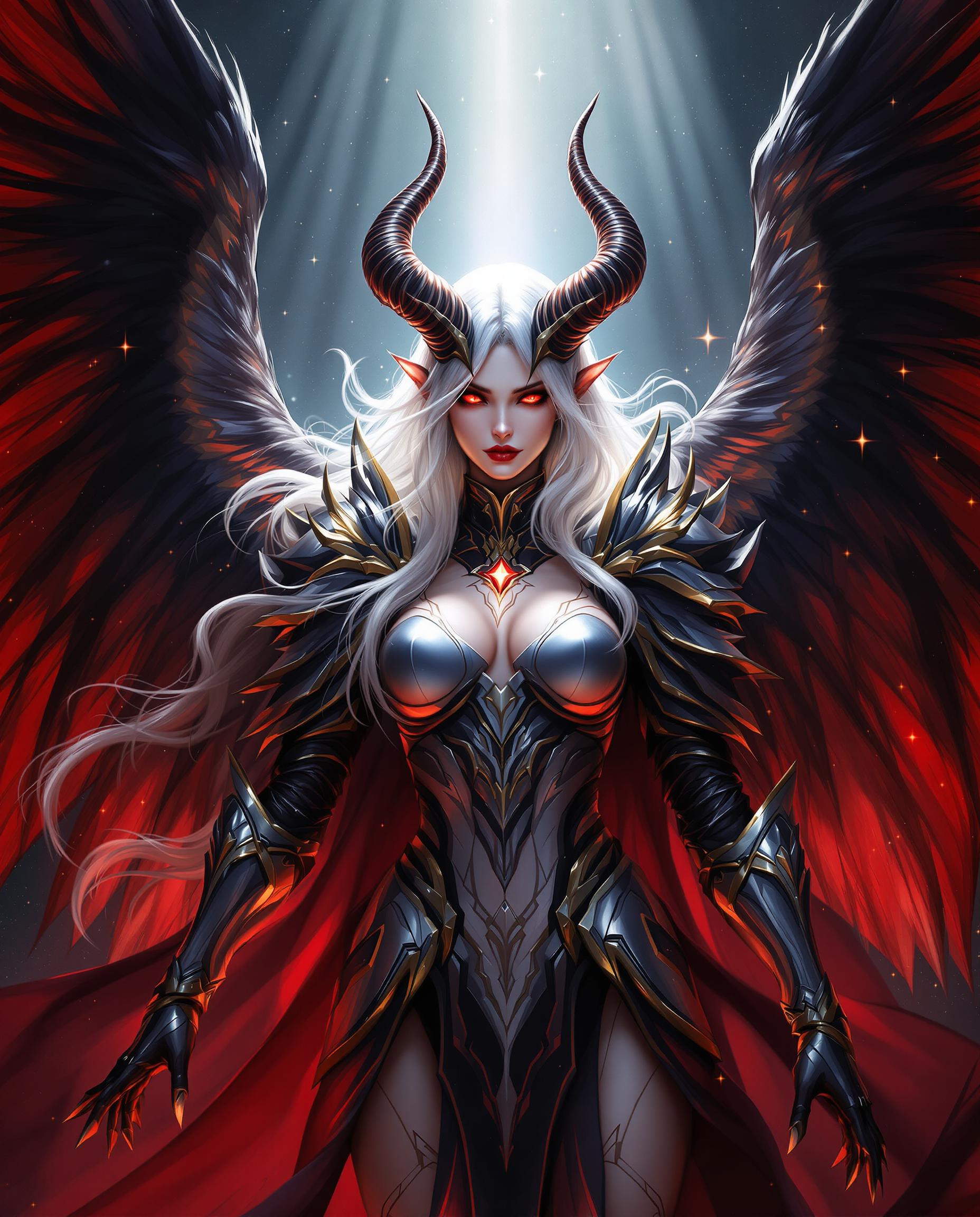 This image is a realistic photo (photograph) of a female real person digital artwork that features a female figure with a fantasy aesthetic. The art style is reminiscent of high fantasy, with a focus on detailed armor, wings, and a dramatic, almost cinematic quality. The medium appears to be a digital painting, given the smooth gradients and the lack of texture that one might find in traditional mediums.The colors in the image are rich and varied, with a dark, moody palette that is punctuated by vibrant reds and golds. The figure is clad in armor that is predominantly silver with gold trimmings, which gives it a regal and almost otherworldly appearance. The armor is adorned with intricate designs and patterns, and the figures attire includes a black and red cape that billows behind her.The figures hair is a long, flowing white that cascades down her back and shoulders, and it is adorned with a pair of hornlike protrusions that suggest a demonic or angelic nature. Her eyes are a piercing red, which adds to the intensity of her gaze and the overall menacing aura she exudes.She has large, expansive wings that are a mix of black and red, with a translucent quality that allows light to filter through, casting a glow on her skin and the surrounding area. The wings are detailed with featherlike patterns and are spread wide, giving the figure a sense of power and majesty.The background of the image is dark and starry, with rays of light piercing through, creating a contrast that highlights the figure and adds to the dramatic effect. There are also small, sparkling particles floating around, which contribute to the overall sense of magic and fantasy.Overall, the image is a powerful and evocative depiction of a fantasy character, rich in detail and color, and designed to capture the imagination and convey a sense of otherworldly grandeur.