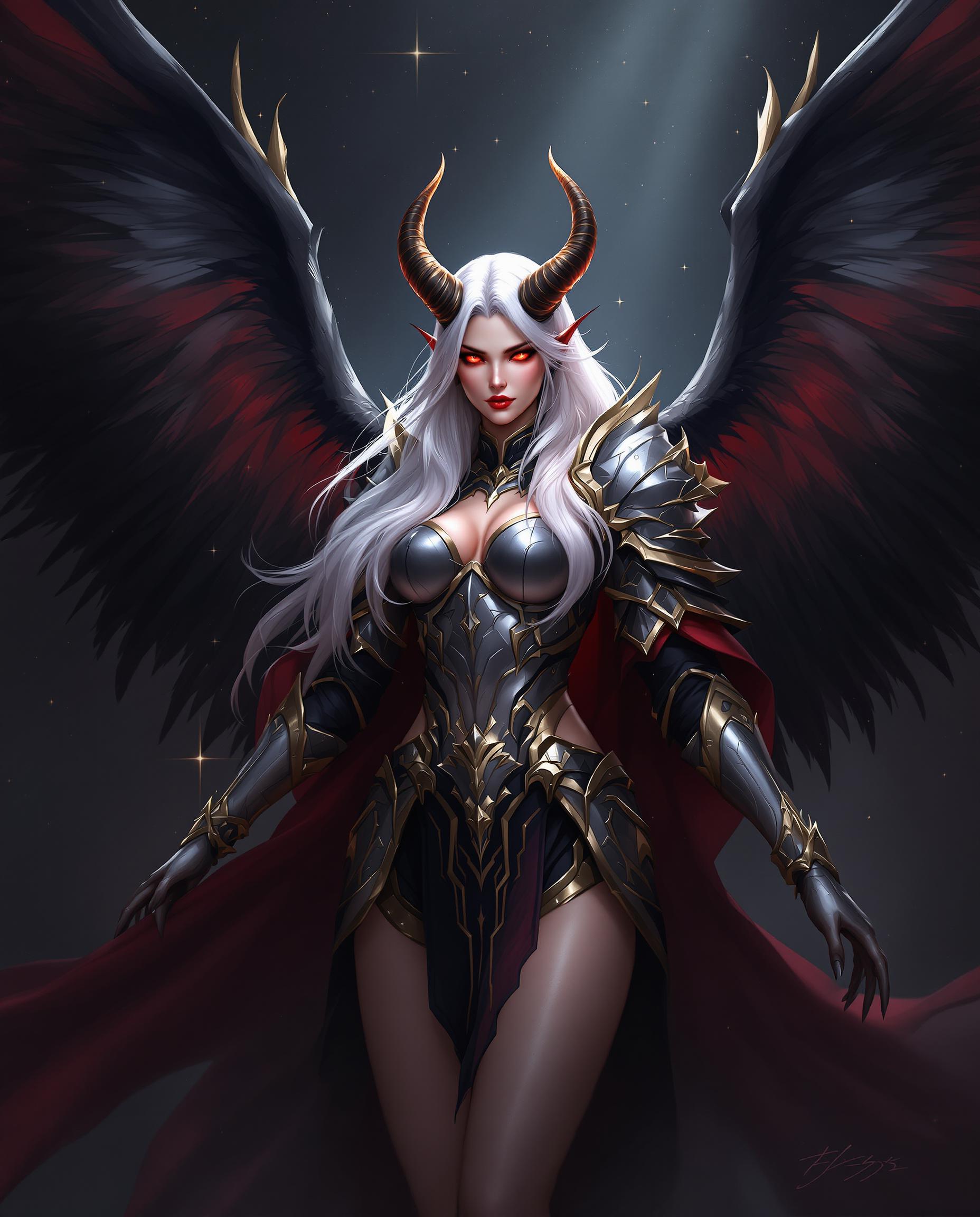 This image is a realistic photo (photograph) of a female real person digital artwork that features a female figure with a fantasy aesthetic. The art style is reminiscent of high fantasy, with a focus on detailed armor, wings, and a dramatic, almost cinematic quality. The medium appears to be a digital painting, given the smooth gradients and the lack of texture that one might find in traditional mediums.The colors in the image are rich and varied, with a dark, moody palette that is punctuated by vibrant reds and golds. The figure is clad in armor that is predominantly silver with gold trimmings, which gives it a regal and almost otherworldly appearance. The armor is adorned with intricate designs and patterns, and the figures attire includes a black and red cape that billows behind her.The figures hair is a long, flowing white that cascades down her back and shoulders, and it is adorned with a pair of hornlike protrusions that suggest a demonic or angelic nature. Her eyes are a piercing red, which adds to the intensity of her gaze and the overall menacing aura she exudes.She has large, expansive wings that are a mix of black and red, with a translucent quality that allows light to filter through, casting a glow on her skin and the surrounding area. The wings are detailed with featherlike patterns and are spread wide, giving the figure a sense of power and majesty.The background of the image is dark and starry, with rays of light piercing through, creating a contrast that highlights the figure and adds to the dramatic effect. There are also small, sparkling particles floating around, which contribute to the overall sense of magic and fantasy.Overall, the image is a powerful and evocative depiction of a fantasy character, rich in detail and color, and designed to capture the imagination and convey a sense of otherworldly grandeur.