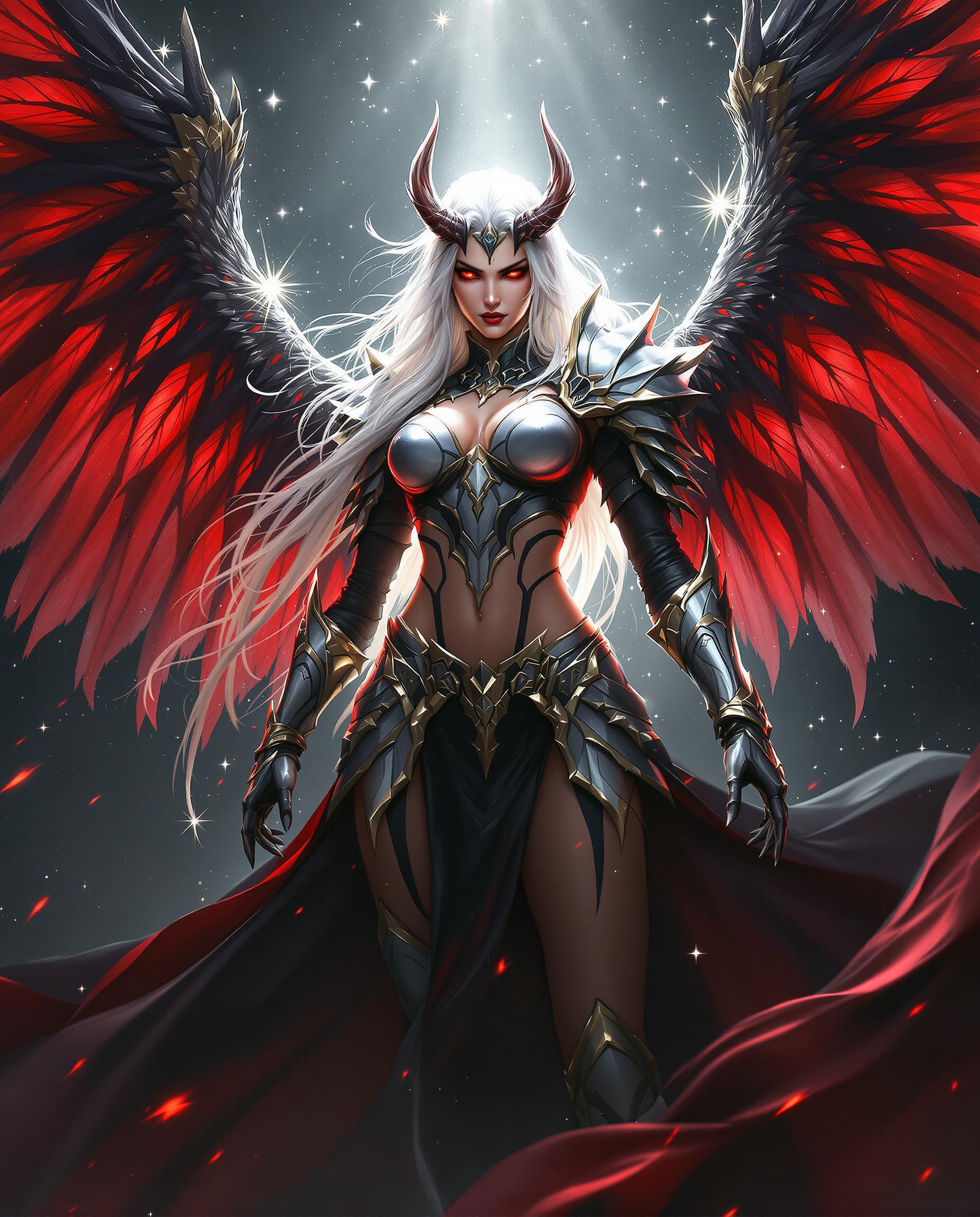 A stunning digital painting of a fierce female fantasy warrior, captured in a cinematic, high-fantasy style with photorealistic detail. She stands powerfully with long, flowing white hair adorned with horn-like protrusions, piercing red eyes, and expansive black-and-red translucent wings that glow as light filters through intricate feather patterns. Clad in regal silver armor with gold trimmings and a billowing black-and-red cape, she exudes menace and majesty against a dark, starry background pierced by dramatic rays of light and sparkling magical particles.