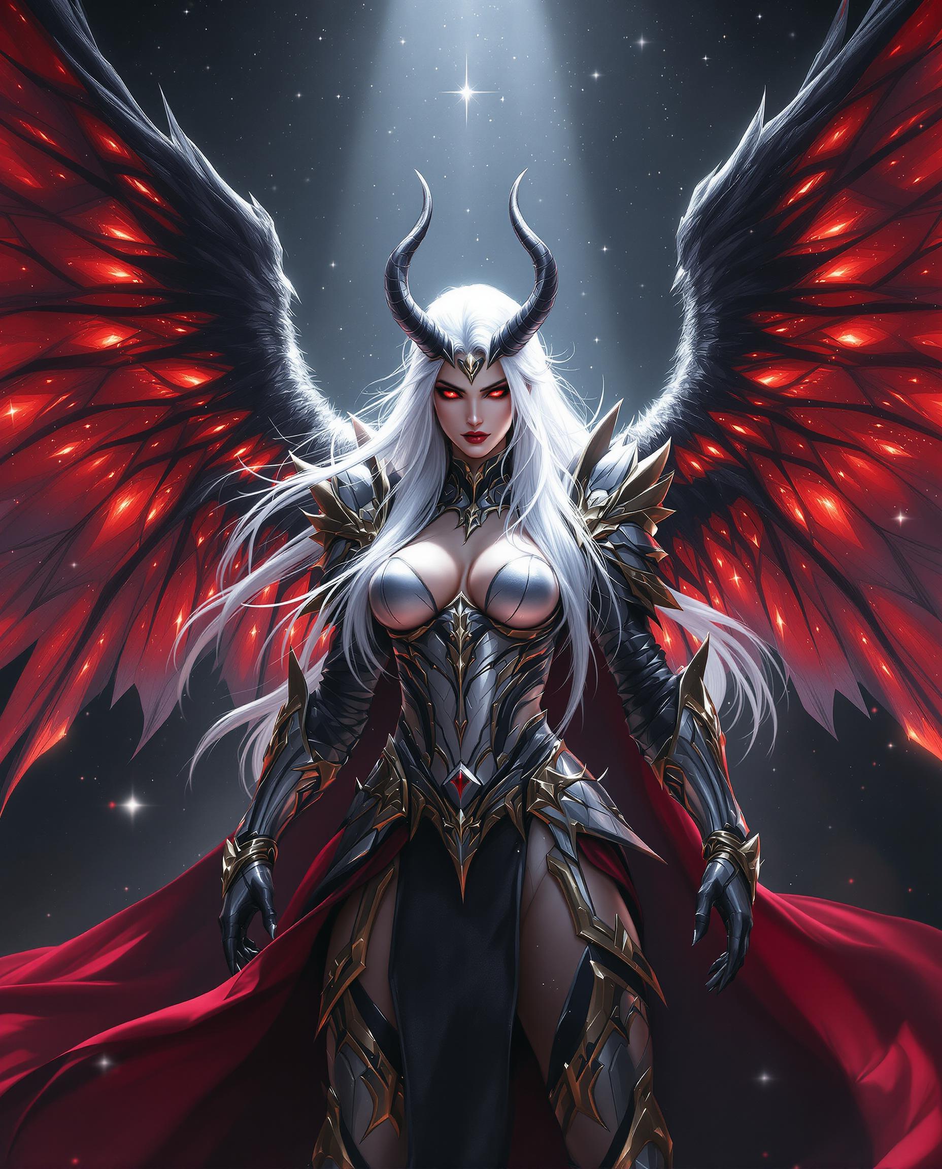 A stunning digital painting of a fierce female fantasy warrior, captured in a cinematic, high-fantasy style with photorealistic detail. She stands powerfully with long, flowing white hair adorned with horn-like protrusions, piercing red eyes, and expansive black-and-red translucent wings that glow as light filters through intricate feather patterns. Clad in regal silver armor with gold trimmings and a billowing black-and-red cape, she exudes menace and majesty against a dark, starry background pierced by dramatic rays of light and sparkling magical particles.