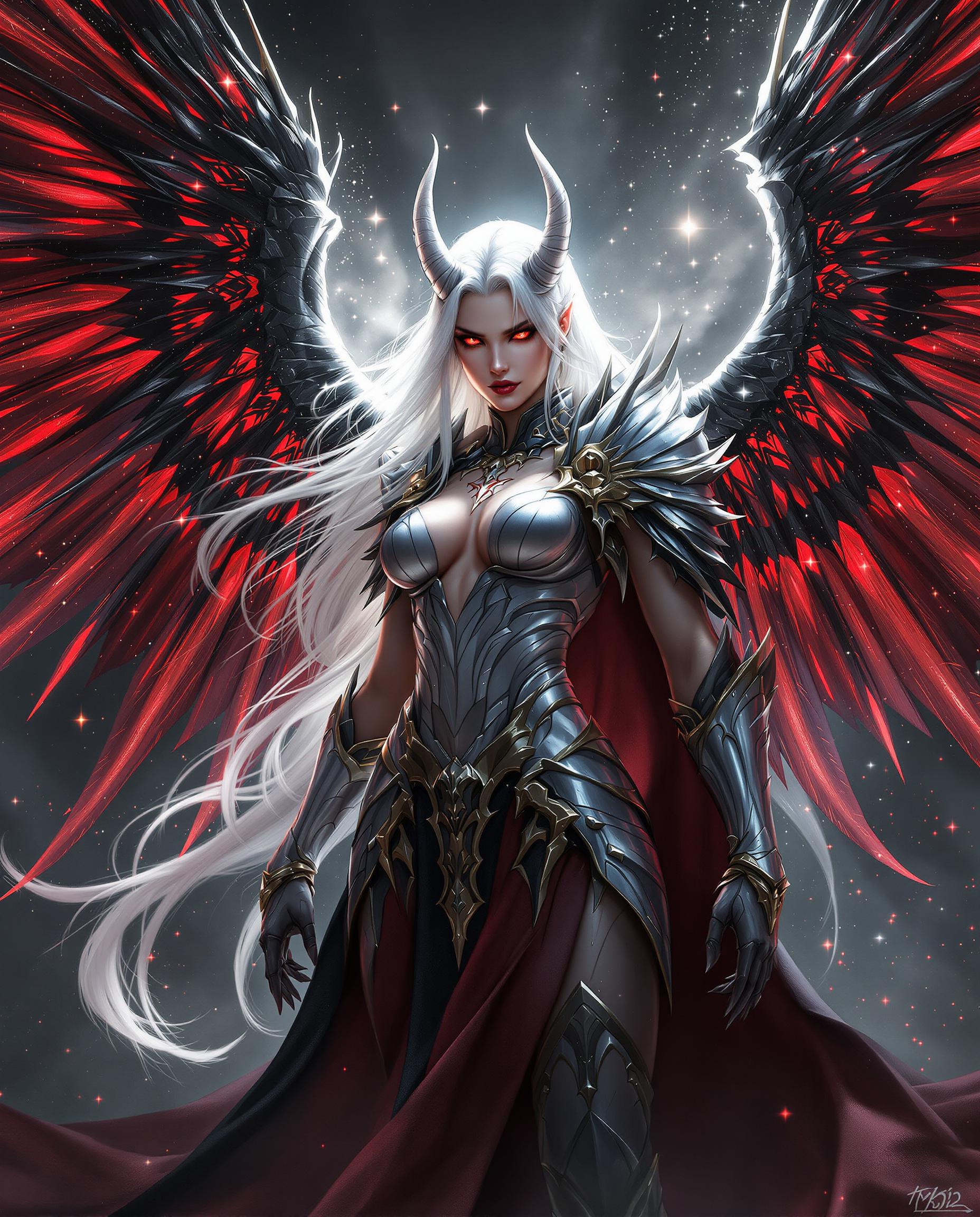 A stunning digital painting of a fierce female fantasy warrior, captured in a cinematic, high-fantasy style with photorealistic detail. She stands powerfully with long, flowing white hair adorned with horn-like protrusions, piercing red eyes, and expansive black-and-red translucent wings that glow as light filters through intricate feather patterns. Clad in regal silver armor with gold trimmings and a billowing black-and-red cape, she exudes menace and majesty against a dark, starry background pierced by dramatic rays of light and sparkling magical particles.
