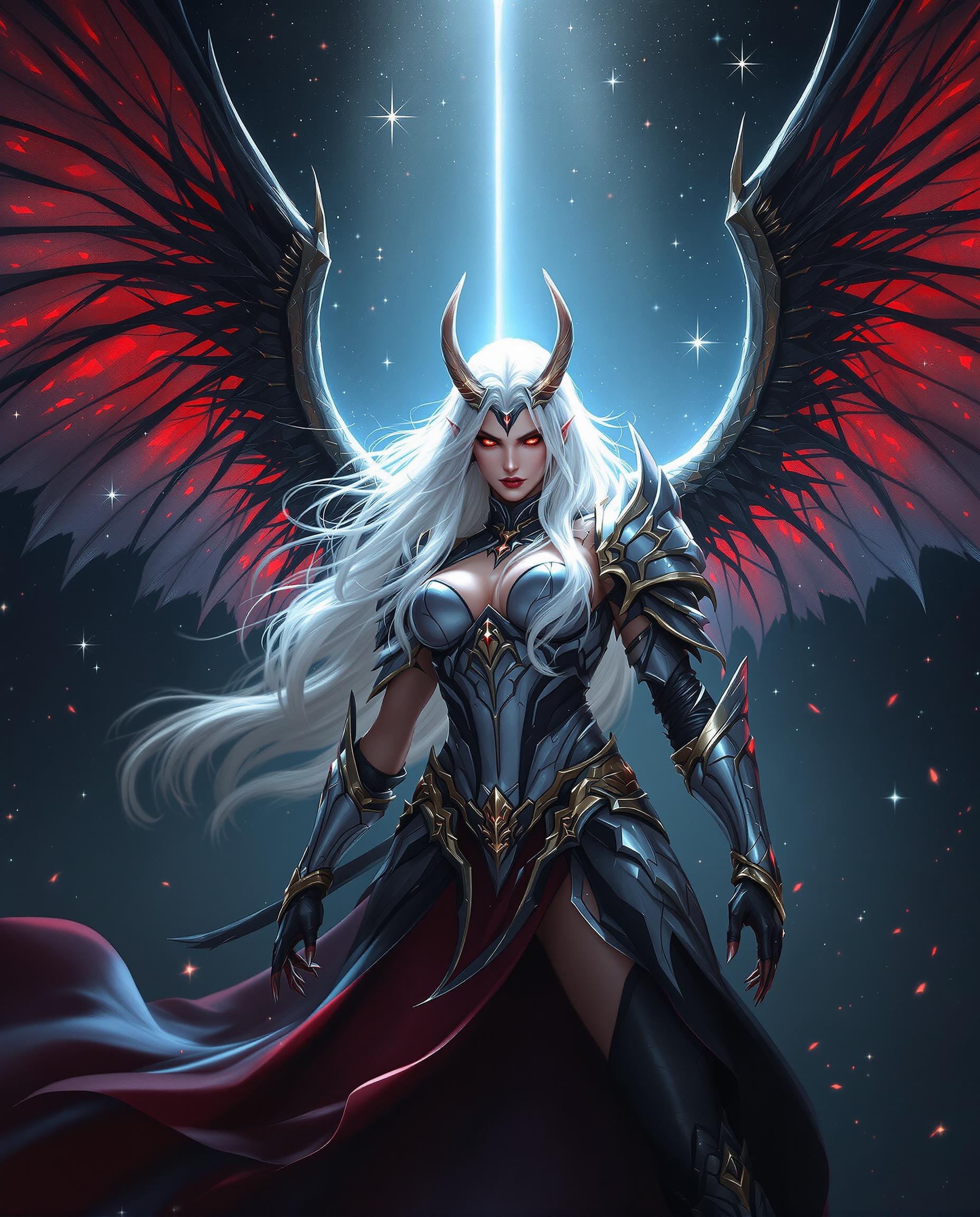 A stunning digital painting of a fierce female fantasy warrior, captured in a cinematic, high-fantasy style with photorealistic detail. She stands powerfully with long, flowing white hair adorned with horn-like protrusions, piercing red eyes, and expansive black-and-red translucent wings that glow as light filters through intricate feather patterns. Clad in regal silver armor with gold trimmings and a billowing black-and-red cape, she exudes menace and majesty against a dark, starry background pierced by dramatic rays of light and sparkling magical particles.