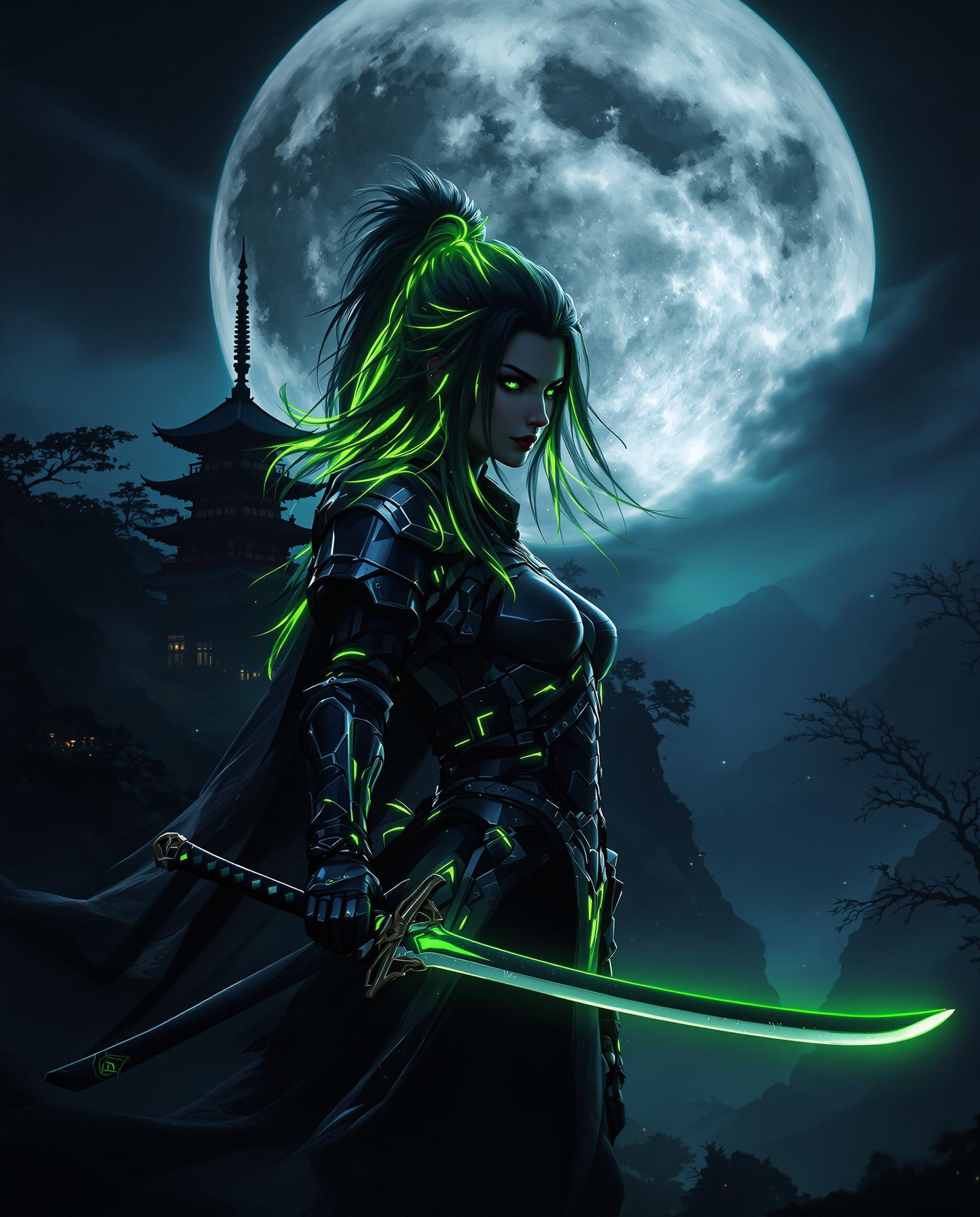 This is a realistic photo (photograph) of a female real person intricate and atmospheric digital artwork that features a central figure, a female warrior, set against a dark, moonlit landscape. The art style is realistic with a blend of fantasy elements, characterized by its detailed line work, smooth shading, and vibrant colors.The medium appears to be a digital painting, given the smooth blending of colors and the lack of texture that might be present in a traditional painting. The use of lighting and shadow is masterful, creating a sense of depth and drama in the scene.The colors are rich and varied, with a predominance of dark blues, blacks, and greys that give the image a moody and mysterious feel. The warriors hair and armor are highlighted with streaks of green, which stands out against the dark background and adds a touch of otherworldliness to the scene. The green also seems to glow, suggesting a magical or technological aspect to the character.The objects in the image are numerous and contribute to the overall narrative. The warrior is dressed in a detailed, armored outfit with glowing green accents, suggesting advanced technology or enchanted materials. She wields a sword with a green blade, which matches the glow of her hair and armor. The sword has a katanalike design, with a curved blade and a hilt that seems to be made of the same material as her armor.In the background, there is a large, full moon casting a soft glow over the scene, illuminating the silhouette of a traditional Japanese pagoda. The pagoda is perched on a cliff overlooking a dark, misty landscape, with the outlines of buildings and trees barely visible. The moonlight reflects off the water, creating a shimmering effect that adds to the mystique of the scene.The overall effect is one of a dark, otherworldly fantasy, with a touch of technology and magic, all brought to life with exquisite detail and a masterful use of light and shadow.