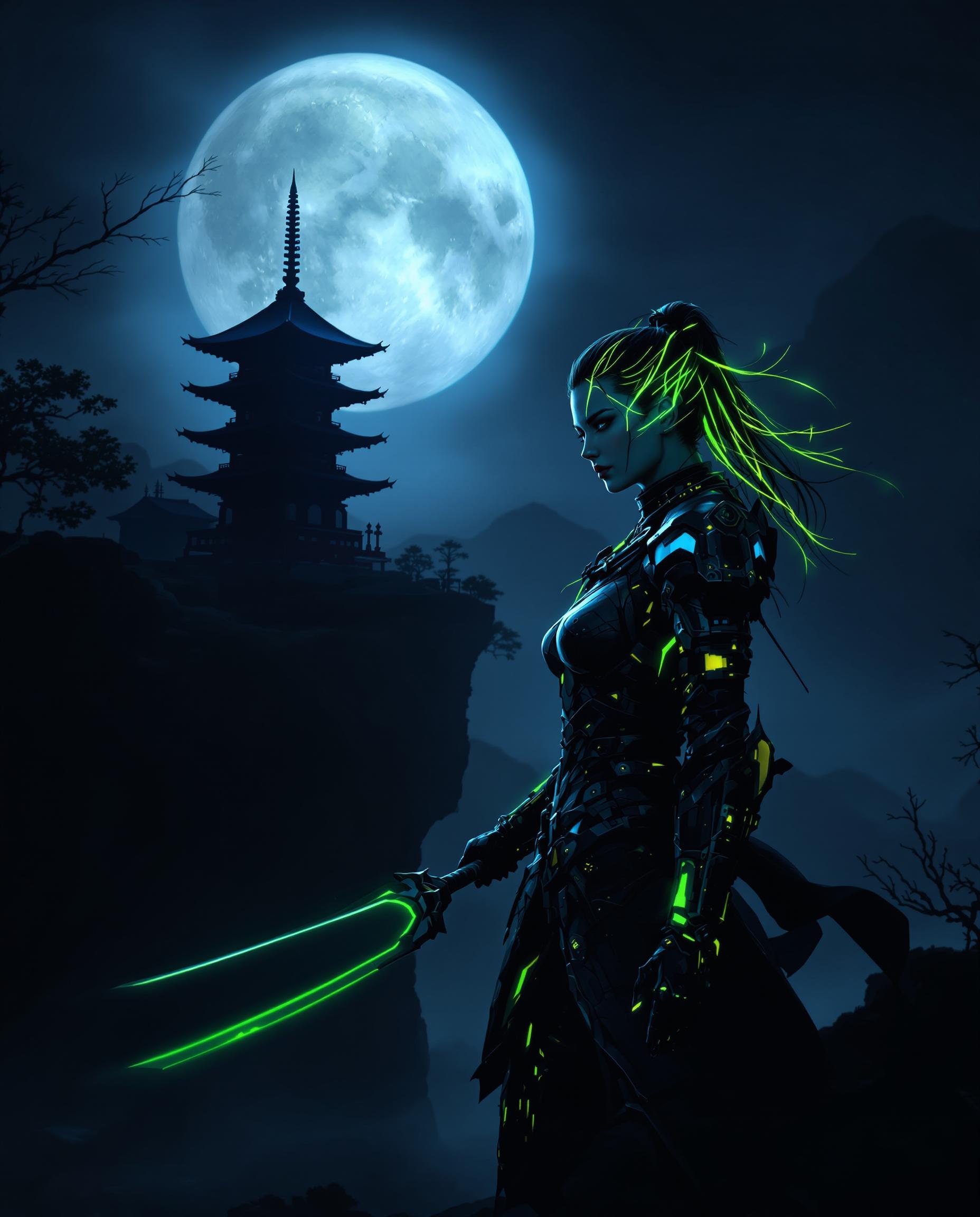 This is a realistic photo (photograph) of a female real person intricate and atmospheric digital artwork that features a central figure, a female warrior, set against a dark, moonlit landscape. The art style is realistic with a blend of fantasy elements, characterized by its detailed line work, smooth shading, and vibrant colors.The medium appears to be a digital painting, given the smooth blending of colors and the lack of texture that might be present in a traditional painting. The use of lighting and shadow is masterful, creating a sense of depth and drama in the scene.The colors are rich and varied, with a predominance of dark blues, blacks, and greys that give the image a moody and mysterious feel. The warriors hair and armor are highlighted with streaks of green, which stands out against the dark background and adds a touch of otherworldliness to the scene. The green also seems to glow, suggesting a magical or technological aspect to the character.The objects in the image are numerous and contribute to the overall narrative. The warrior is dressed in a detailed, armored outfit with glowing green accents, suggesting advanced technology or enchanted materials. She wields a sword with a green blade, which matches the glow of her hair and armor. The sword has a katanalike design, with a curved blade and a hilt that seems to be made of the same material as her armor.In the background, there is a large, full moon casting a soft glow over the scene, illuminating the silhouette of a traditional Japanese pagoda. The pagoda is perched on a cliff overlooking a dark, misty landscape, with the outlines of buildings and trees barely visible. The moonlight reflects off the water, creating a shimmering effect that adds to the mystique of the scene.The overall effect is one of a dark, otherworldly fantasy, with a touch of technology and magic, all brought to life with exquisite detail and a masterful use of light and shadow.