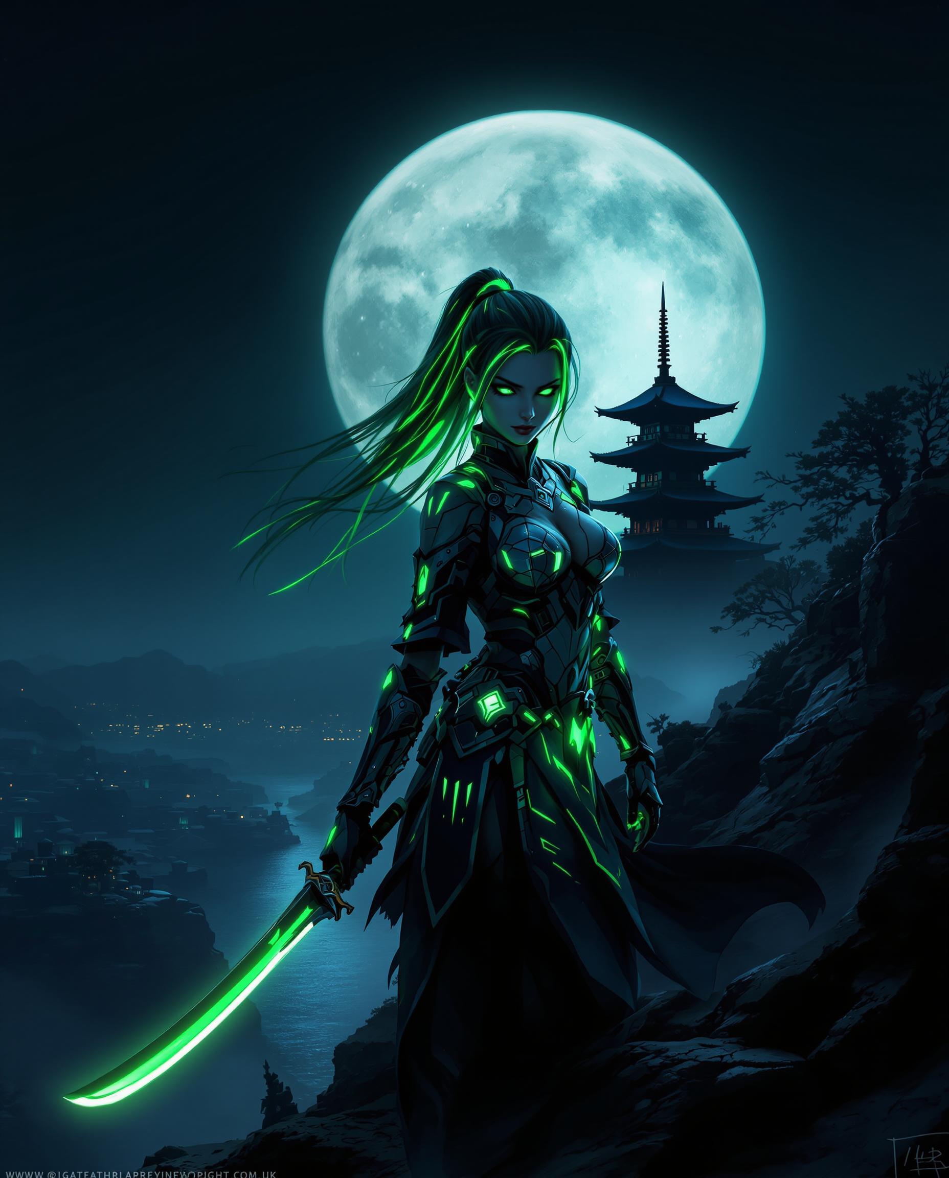 This is a realistic photo (photograph) of a female real person intricate and atmospheric digital artwork that features a central figure, a female warrior, set against a dark, moonlit landscape. The art style is realistic with a blend of fantasy elements, characterized by its detailed line work, smooth shading, and vibrant colors.The medium appears to be a digital painting, given the smooth blending of colors and the lack of texture that might be present in a traditional painting. The use of lighting and shadow is masterful, creating a sense of depth and drama in the scene.The colors are rich and varied, with a predominance of dark blues, blacks, and greys that give the image a moody and mysterious feel. The warriors hair and armor are highlighted with streaks of green, which stands out against the dark background and adds a touch of otherworldliness to the scene. The green also seems to glow, suggesting a magical or technological aspect to the character.The objects in the image are numerous and contribute to the overall narrative. The warrior is dressed in a detailed, armored outfit with glowing green accents, suggesting advanced technology or enchanted materials. She wields a sword with a green blade, which matches the glow of her hair and armor. The sword has a katanalike design, with a curved blade and a hilt that seems to be made of the same material as her armor.In the background, there is a large, full moon casting a soft glow over the scene, illuminating the silhouette of a traditional Japanese pagoda. The pagoda is perched on a cliff overlooking a dark, misty landscape, with the outlines of buildings and trees barely visible. The moonlight reflects off the water, creating a shimmering effect that adds to the mystique of the scene.The overall effect is one of a dark, otherworldly fantasy, with a touch of technology and magic, all brought to life with exquisite detail and a masterful use of light and shadow.