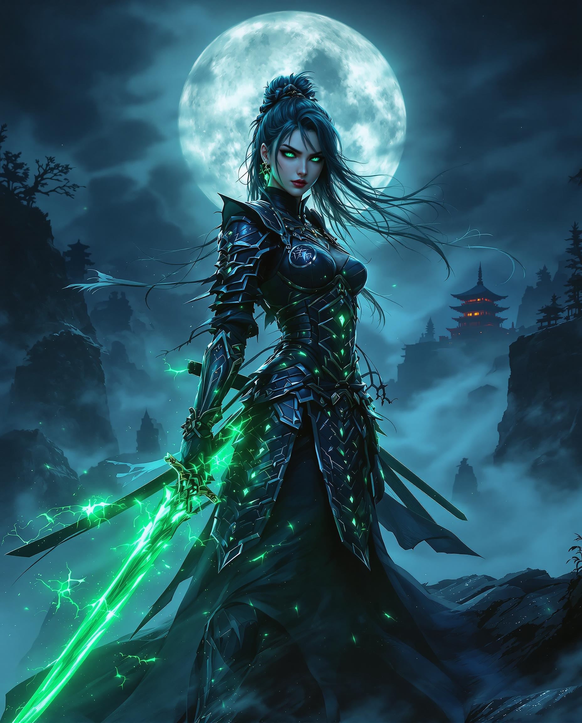A breathtaking digital painting of a fierce female warrior, standing boldly in a dark, moonlit landscape with a mysterious, moody atmosphere. Her intricate armor and katana-like sword glow with ethereal green accents, contrasting the deep blues, blacks, and greys of the scene, while her hair shimmers with the same otherworldly hue. Under a full moon, a traditional Japanese pagoda looms on a cliff, its silhouette reflected in misty waters below, enhanced by cinematic lighting and 8K detail.