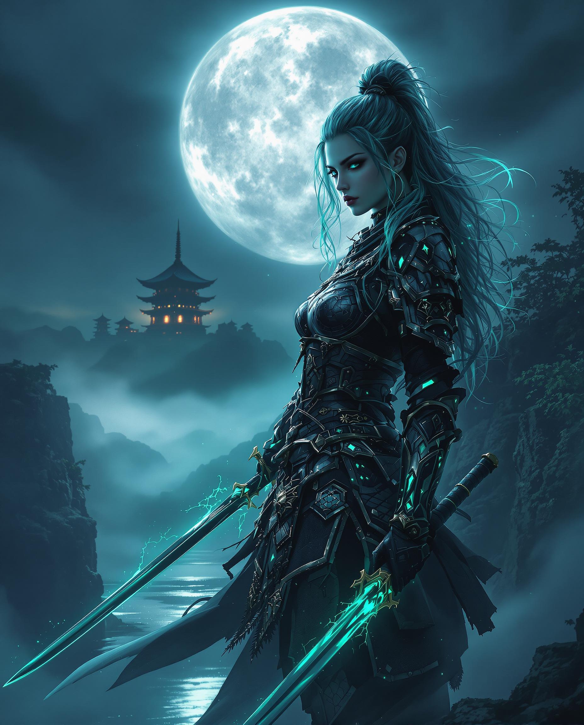 A breathtaking digital painting of a fierce female warrior, standing boldly in a dark, moonlit landscape with a mysterious, moody atmosphere. Her intricate armor and katana-like sword glow with ethereal green accents, contrasting the deep blues, blacks, and greys of the scene, while her hair shimmers with the same otherworldly hue. Under a full moon, a traditional Japanese pagoda looms on a cliff, its silhouette reflected in misty waters below, enhanced by cinematic lighting and 8K detail.