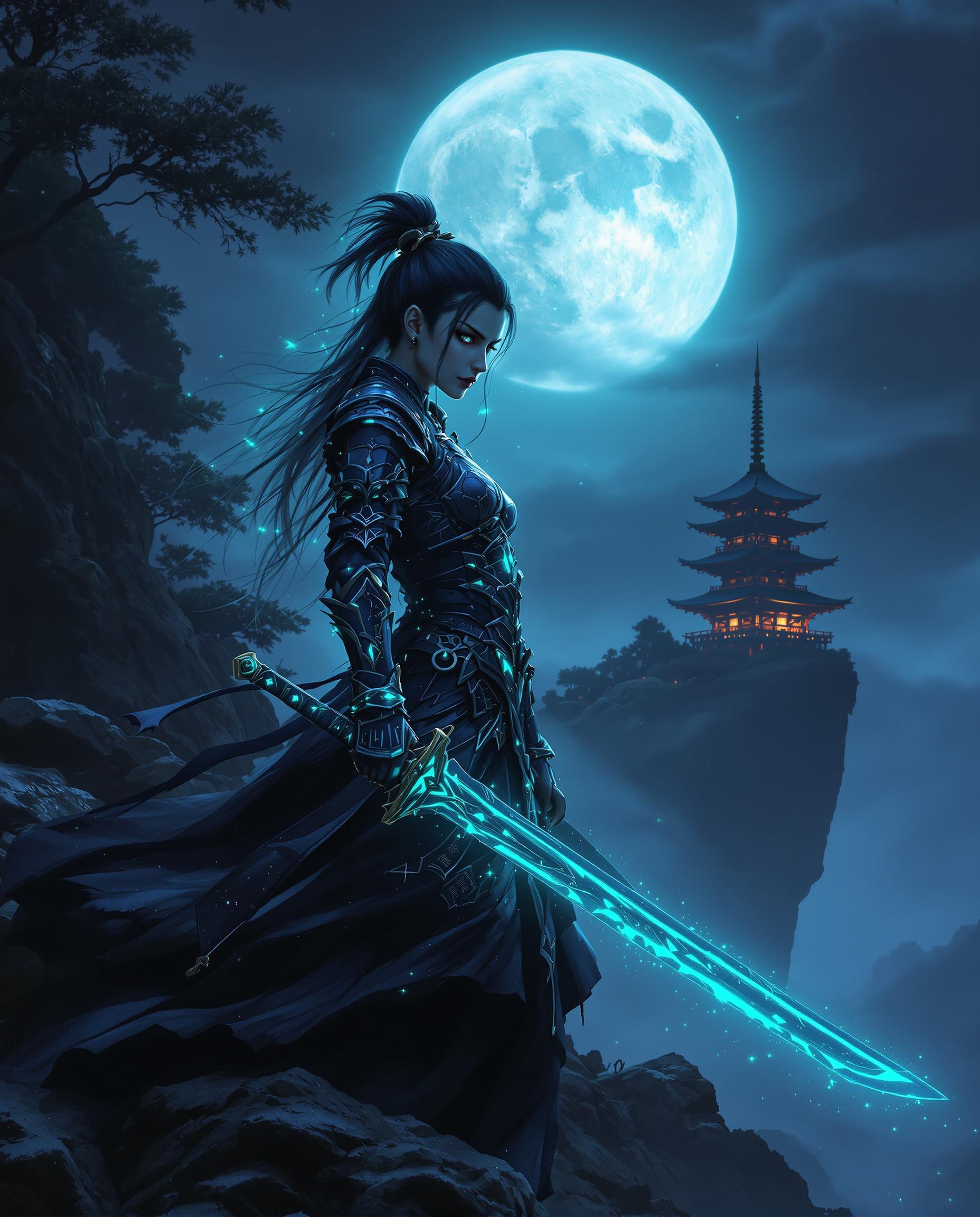 A breathtaking digital painting of a fierce female warrior, standing boldly in a dark, moonlit landscape with a mysterious, moody atmosphere. Her intricate armor and katana-like sword glow with ethereal green accents, contrasting the deep blues, blacks, and greys of the scene, while her hair shimmers with the same otherworldly hue. Under a full moon, a traditional Japanese pagoda looms on a cliff, its silhouette reflected in misty waters below, enhanced by cinematic lighting and 8K detail.