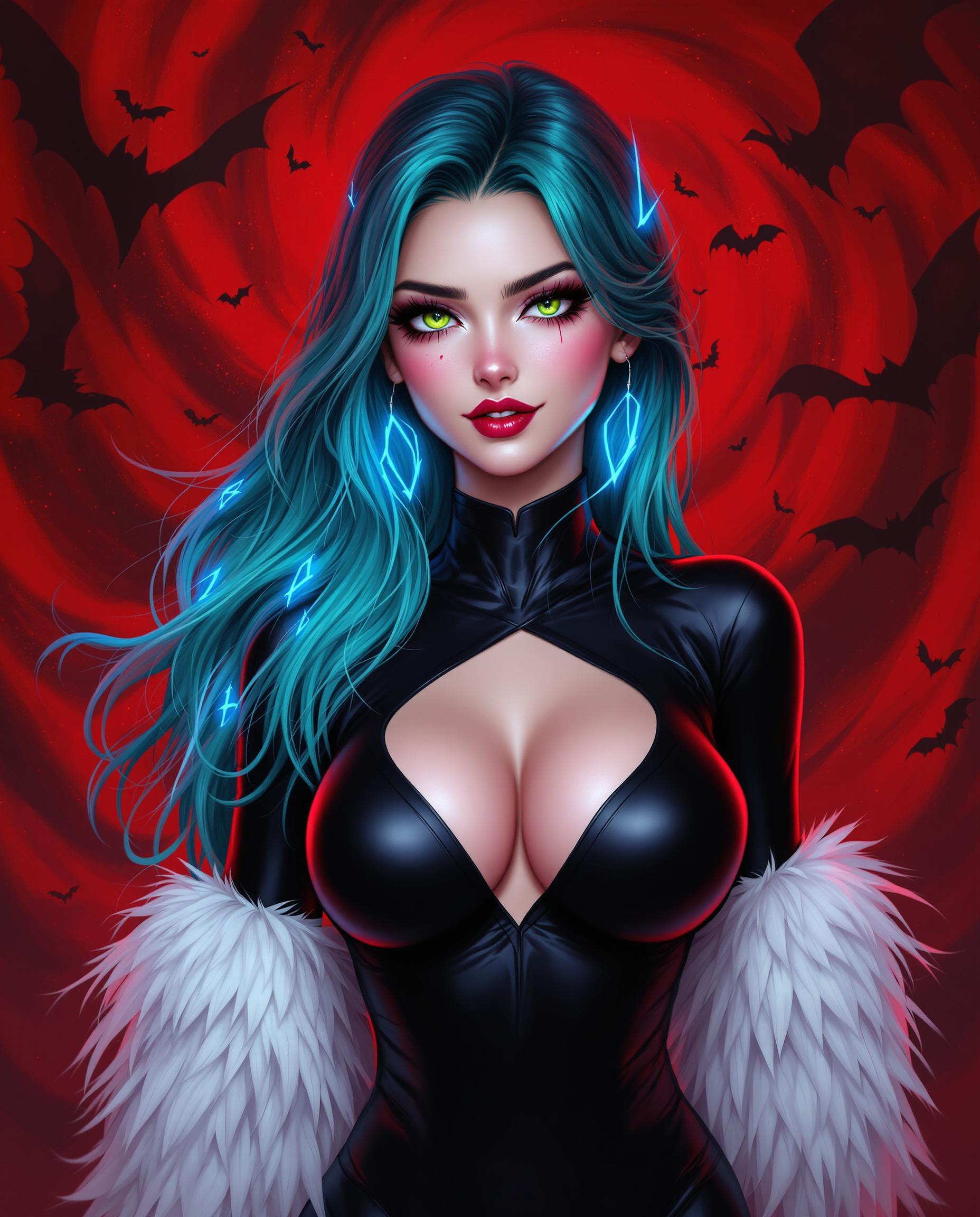 This is a realistic photo (photograph) of a female real person digital artwork that features a character with a striking appearance. The art style is realistic, with its clean lines, vibrant colors, and exaggerated features. The medium appears to be a digital painting, given the smooth blending of colors and the lack of texture that might be present in traditional mediums.The character has long, flowing hair that transitions from a deep teal at the roots to a lighter, almost aqua hue at the tips. The hair is adorned with what looks like glowing, electric blue strands that give off a sense of energy or magic. The hair is styled in a way that it cascades down the characters back, with some strands gently framing the face and neck.The characters eyes are a piercing green, with a hint of yellow, and they have a mischievous glint. The eyes are accentuated with long, black eyelashes and a hint of blush on the cheeks, adding to the characters enigmatic charm.The character is wearing a formfitting, black bodysuit with a heartshaped cutout at the chest. The bodysuit is shiny, with a glossy finish that reflects the light, giving it a sleek and modern look. The sleeves are long and feathered, with white feathers that extend past the wrists, adding a touch of elegance and fantasy to the outfit.The characters skin is a pale, almost translucent pink, with a subtle blush on the cheeks and lips. The skin is smooth and without any visible imperfections, contributing to the characters ethereal and otherworldly appearance.The background of the image is a dramatic red, with a swirling, chaotic pattern that resembles a galaxy or a nebula. This red backdrop contrasts sharply with the cool tones of the character, drawing the viewers attention to the figure. The red background is filled with dark, flying shapes that could be interpreted as bats or other creatures, adding to the mystical and ominous atmosphere of the scene.Overall, the image is a blend of fantasy and modernity, with a strong emphasis on the characters striking appearance and the dramatic, otherworldly background. The use of color is vibrant and dynamic, with a clear contrast between the cool tones of the character and the warm reds of the background, creating a visually compelling and intriguing piece of art.