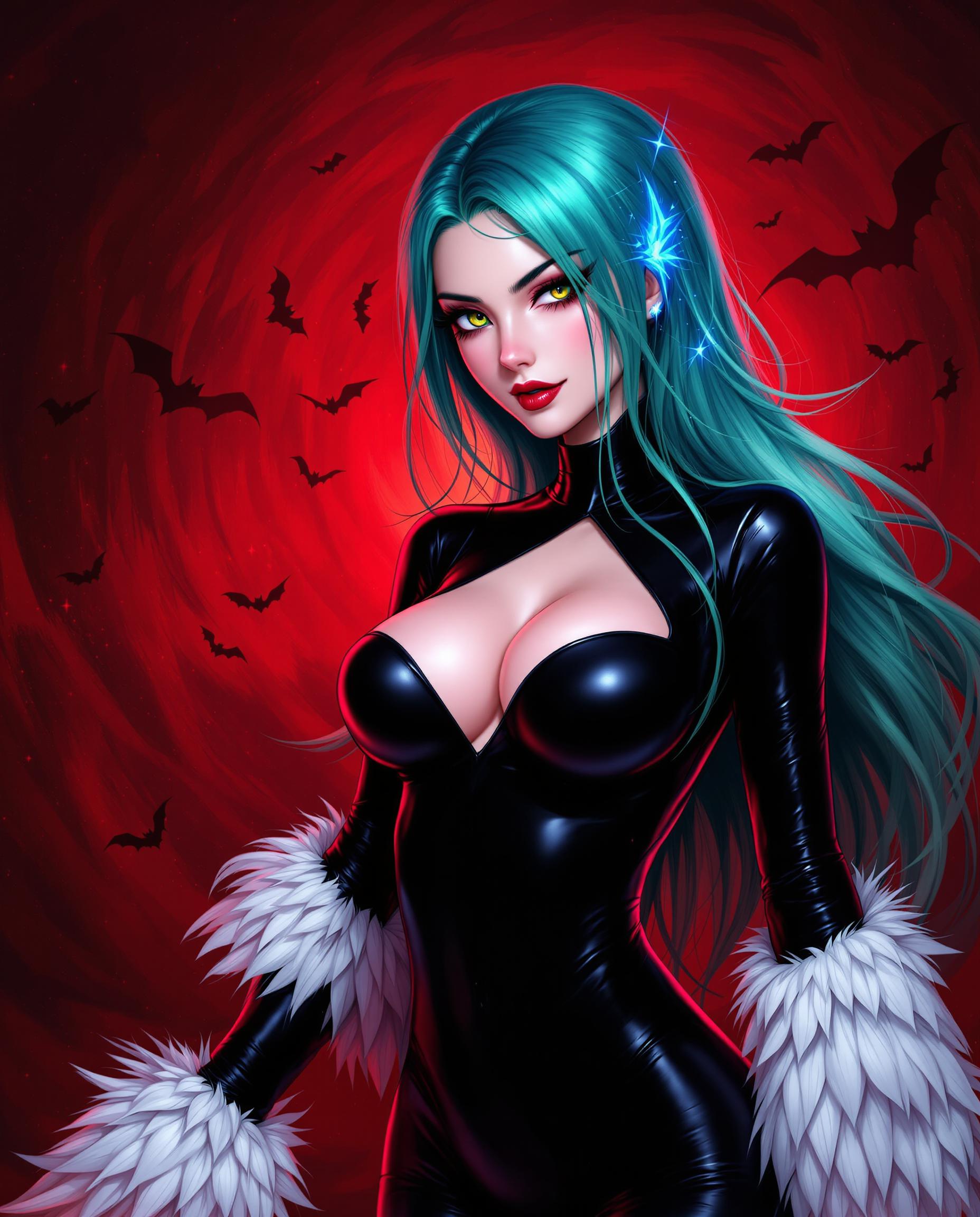 This is a realistic photo (photograph) of a female real person digital artwork that features a character with a striking appearance. The art style is realistic, with its clean lines, vibrant colors, and exaggerated features. The medium appears to be a digital painting, given the smooth blending of colors and the lack of texture that might be present in traditional mediums.The character has long, flowing hair that transitions from a deep teal at the roots to a lighter, almost aqua hue at the tips. The hair is adorned with what looks like glowing, electric blue strands that give off a sense of energy or magic. The hair is styled in a way that it cascades down the characters back, with some strands gently framing the face and neck.The characters eyes are a piercing green, with a hint of yellow, and they have a mischievous glint. The eyes are accentuated with long, black eyelashes and a hint of blush on the cheeks, adding to the characters enigmatic charm.The character is wearing a formfitting, black bodysuit with a heartshaped cutout at the chest. The bodysuit is shiny, with a glossy finish that reflects the light, giving it a sleek and modern look. The sleeves are long and feathered, with white feathers that extend past the wrists, adding a touch of elegance and fantasy to the outfit.The characters skin is a pale, almost translucent pink, with a subtle blush on the cheeks and lips. The skin is smooth and without any visible imperfections, contributing to the characters ethereal and otherworldly appearance.The background of the image is a dramatic red, with a swirling, chaotic pattern that resembles a galaxy or a nebula. This red backdrop contrasts sharply with the cool tones of the character, drawing the viewers attention to the figure. The red background is filled with dark, flying shapes that could be interpreted as bats or other creatures, adding to the mystical and ominous atmosphere of the scene.Overall, the image is a blend of fantasy and modernity, with a strong emphasis on the characters striking appearance and the dramatic, otherworldly background. The use of color is vibrant and dynamic, with a clear contrast between the cool tones of the character and the warm reds of the background, creating a visually compelling and intriguing piece of art.