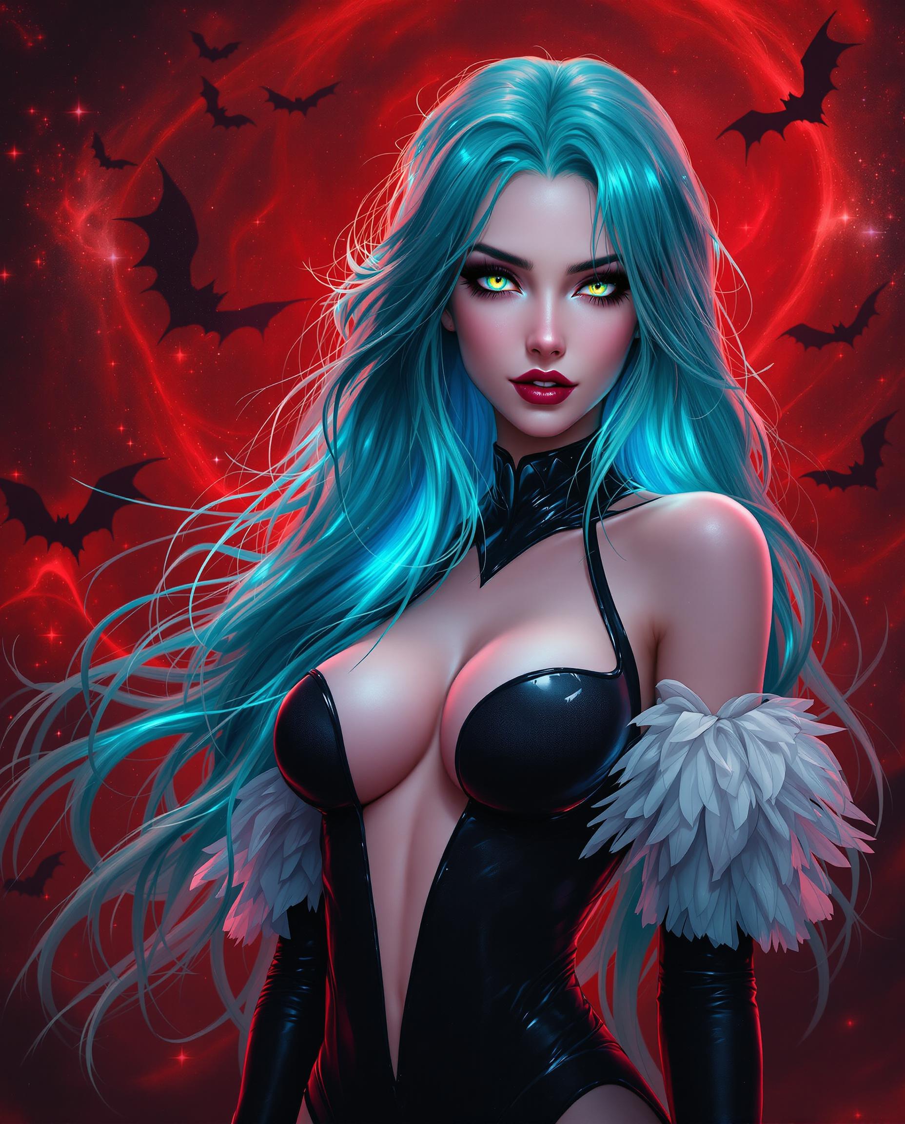 A stunning photorealistic digital painting of a female character with an ethereal, otherworldly presence, captured as if through a high-end DSLR with a 50mm lens and shallow depth of field in 8K detail. Her long, flowing hair transitions from deep teal to aqua, adorned with glowing electric blue strands, cascading down her back and framing her face, while her piercing green-yellow eyes with a mischievous glint and pale, translucent pink skin exude enigmatic charm. She wears a glossy, formfitting black bodysuit with a heart-shaped cutout and feathered white sleeves, set against a dramatic red nebula-like background with swirling chaos and dark, bat-like shapes, contrasting her cool tones with warm, vibrant intensity under cinematic lighting.