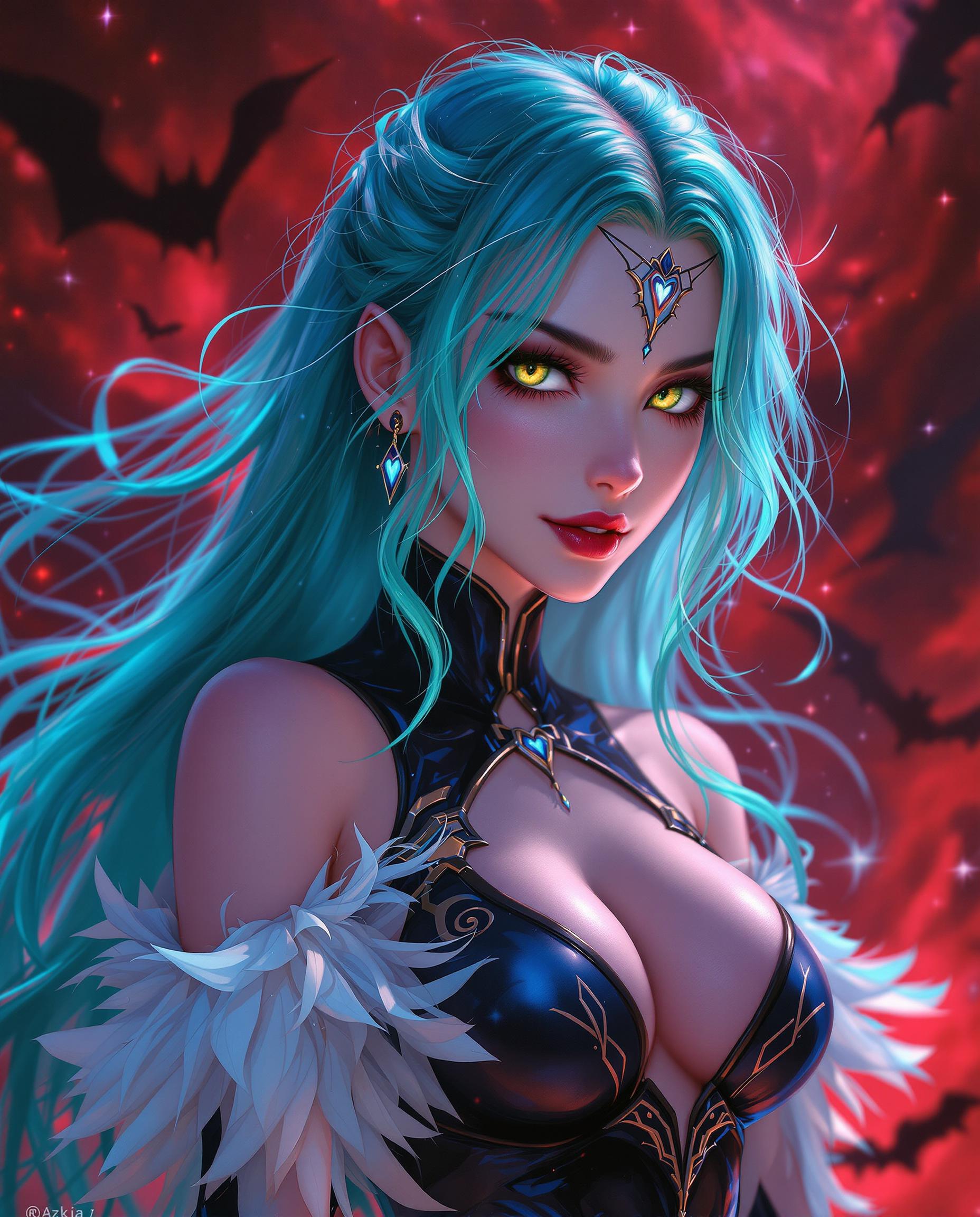 A stunning photorealistic digital painting of a female character with an ethereal, otherworldly presence, captured as if through a high-end DSLR with a 50mm lens and shallow depth of field in 8K detail. Her long, flowing hair transitions from deep teal to aqua, adorned with glowing electric blue strands, cascading down her back and framing her face, while her piercing green-yellow eyes with a mischievous glint and pale, translucent pink skin exude enigmatic charm. She wears a glossy, formfitting black bodysuit with a heart-shaped cutout and feathered white sleeves, set against a dramatic red nebula-like background with swirling chaos and dark, bat-like shapes, contrasting her cool tones with warm, vibrant intensity under cinematic lighting.