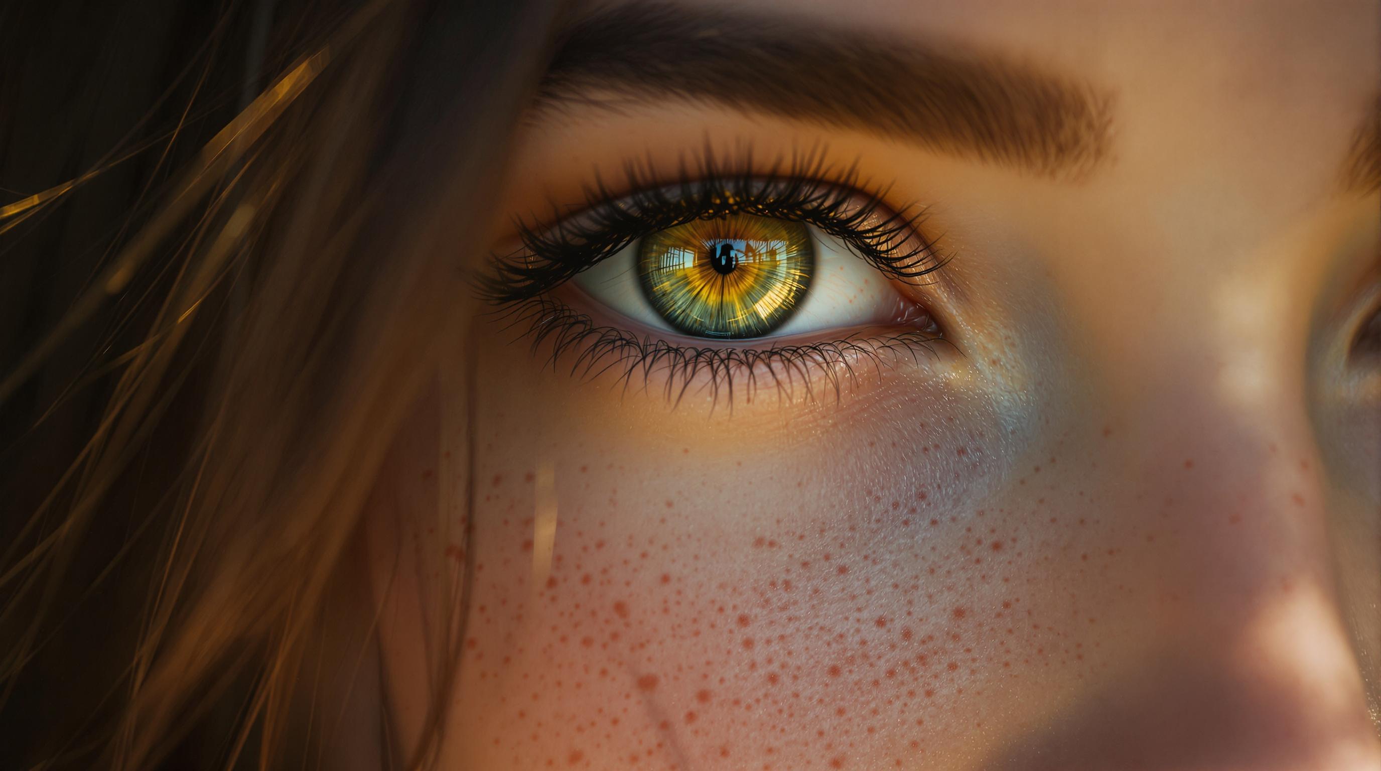 A stunning, highly detailed wallpaper capturing a close-up of a girl's face, her striking green eyes rendered with mesmerizing clarity and depth, reflecting subtle highlights. Freckles dot her cheeks with intricate texture, adding warmth and character, while strands of her dark brown hair softly frame the edges of the composition. Shot with a DSLR, 50mm lens, shallow depth of field, and cinematic lighting, this 8K image glows with photorealistic precision and emotional intensity.