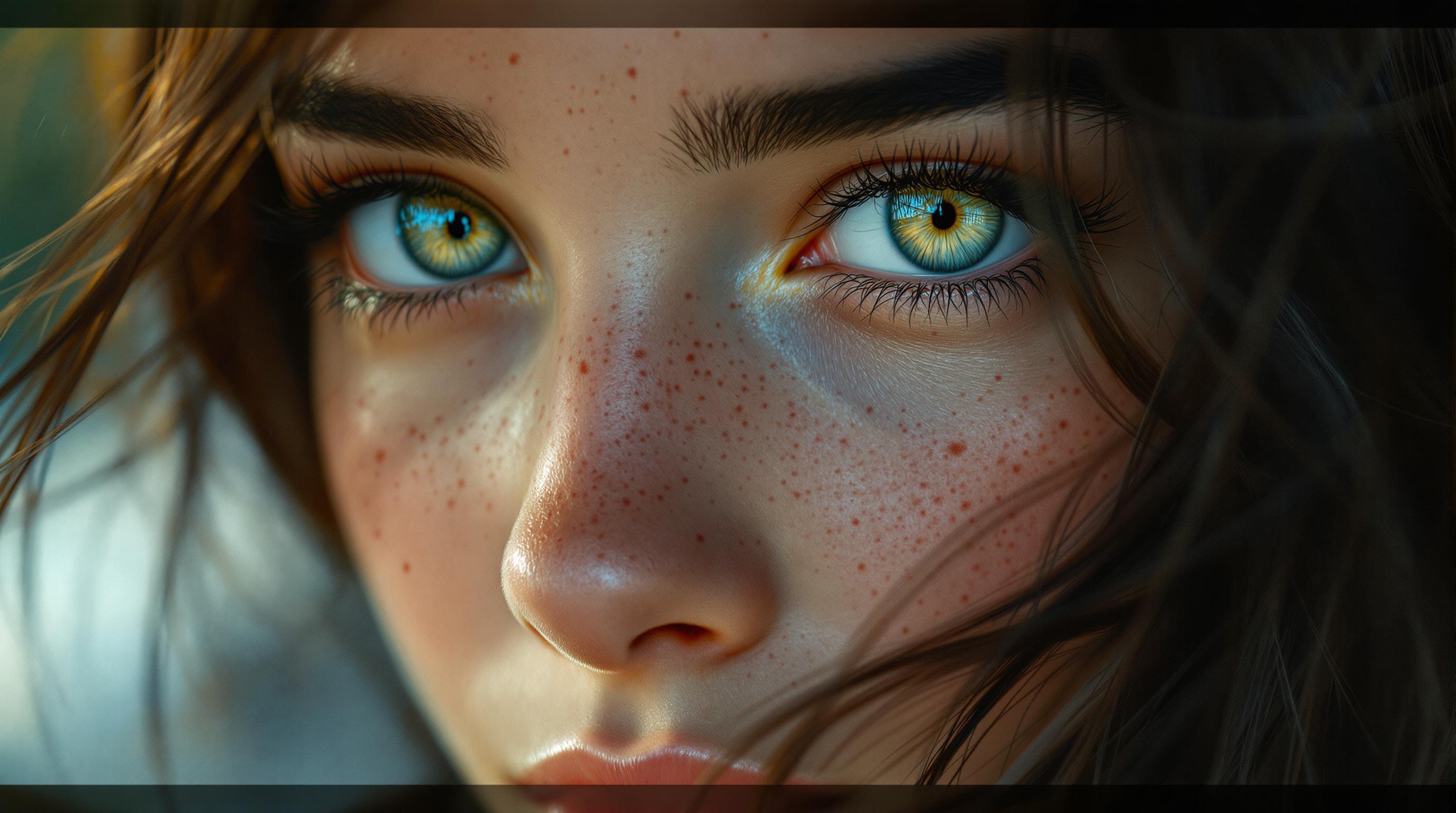 A stunning, highly detailed wallpaper capturing a close-up of a girl's face, her striking green eyes rendered with mesmerizing clarity and depth, reflecting subtle highlights. Freckles dot her cheeks with intricate texture, adding warmth and character, while strands of her dark brown hair softly frame the edges of the composition. Shot with a DSLR, 50mm lens, shallow depth of field, and cinematic lighting, this 8K image glows with photorealistic precision and emotional intensity.