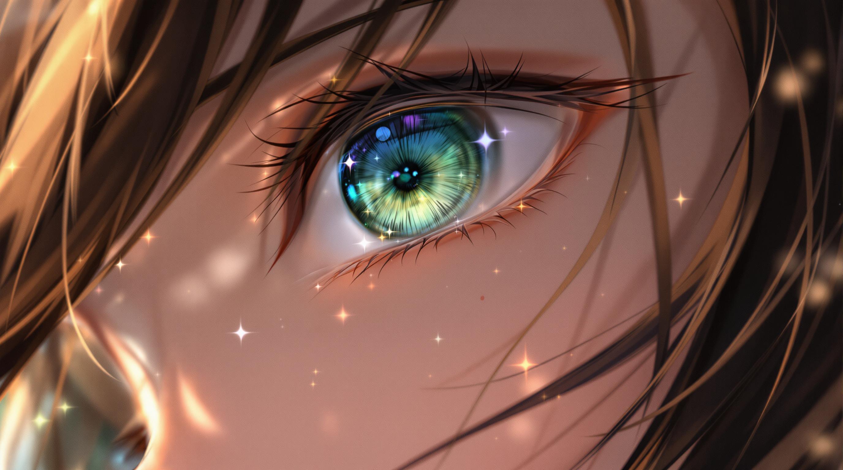 A breathtaking anime wallpaper featuring a close-up of a girl's face, her striking green eyes rendered with mesmerizing clarity and depth, subtle highlights dancing within them. Freckles dot her cheeks with intricate texture, adding warmth and character, while strands of dark brown hair softly frame the composition. Captured as if with a DSLR, 50mm lens, shallow depth of field, and cinematic lighting, this 8K image radiates photorealistic precision and profound emotional intensity.