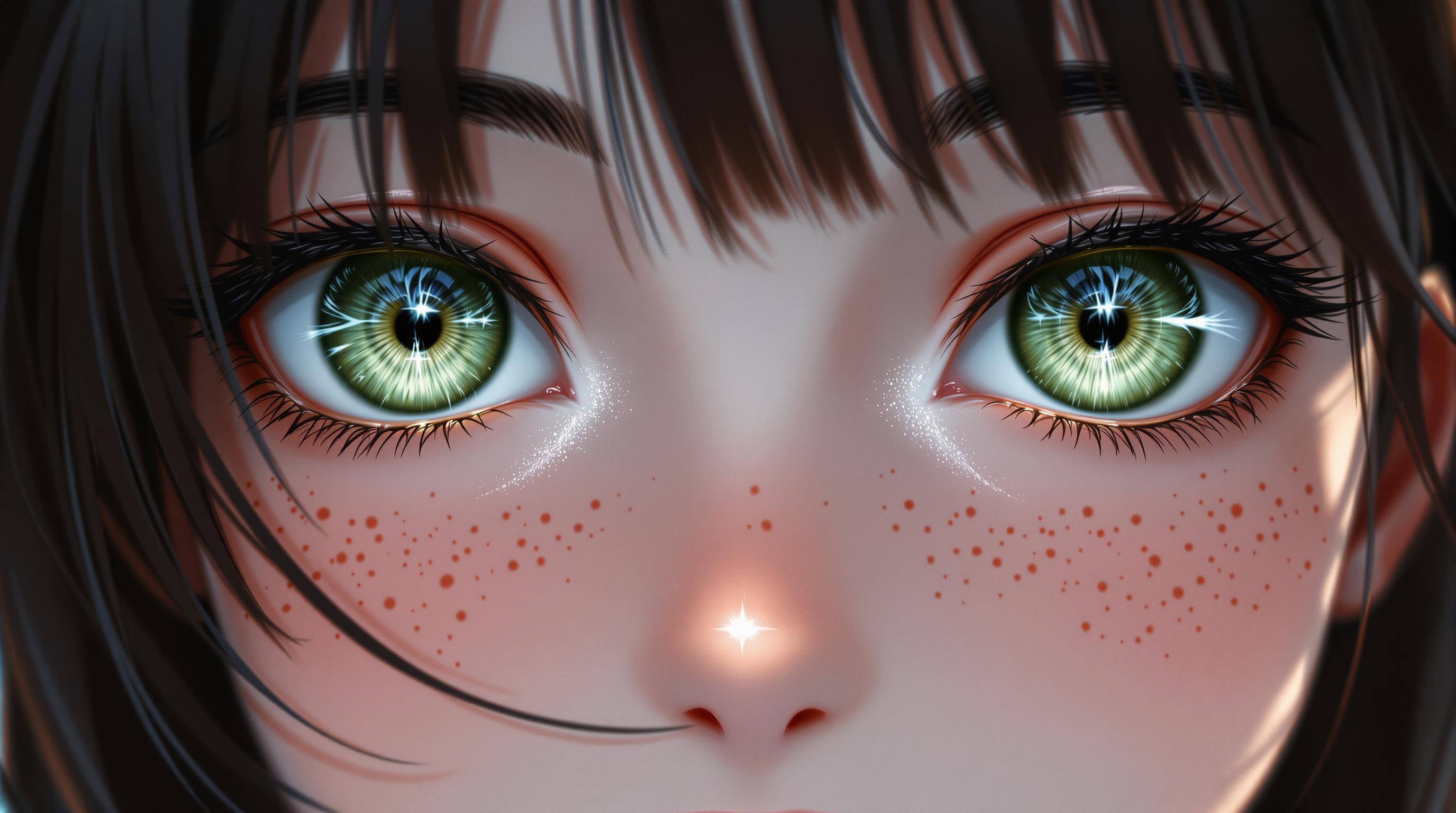 A breathtaking anime wallpaper featuring a close-up of a girl's face, her striking green eyes rendered with mesmerizing clarity and depth, subtle highlights dancing within them. Freckles dot her cheeks with intricate texture, adding warmth and character, while strands of dark brown hair softly frame the composition. Captured as if with a DSLR, 50mm lens, shallow depth of field, and cinematic lighting, this 8K image radiates photorealistic precision and profound emotional intensity.
