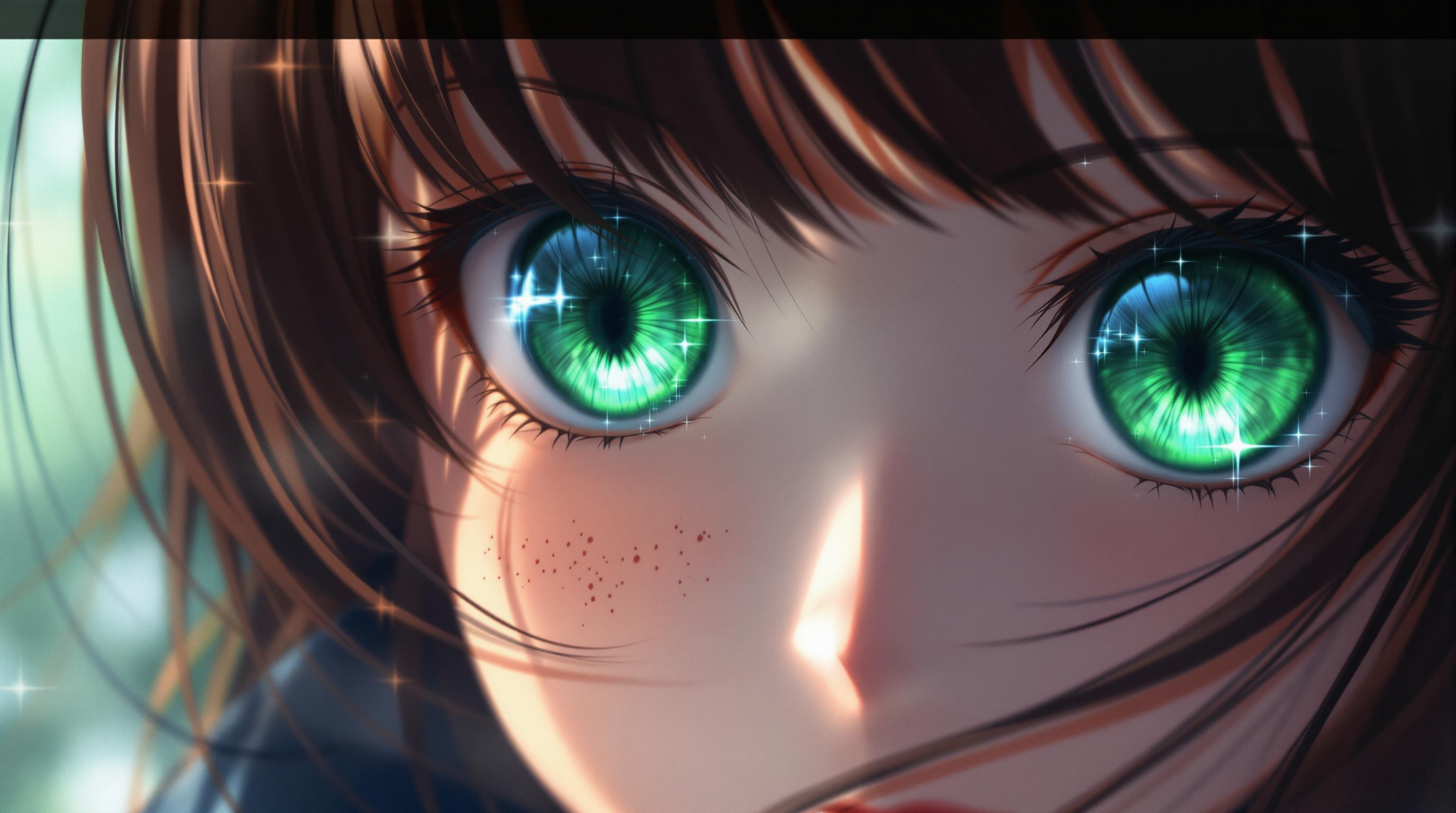 A breathtaking anime wallpaper featuring a close-up of a girl's face, her striking green eyes rendered with mesmerizing clarity and depth, subtle highlights dancing within them. Freckles dot her cheeks with intricate texture, adding warmth and character, while strands of dark brown hair softly frame the composition. Captured as if with a DSLR, 50mm lens, shallow depth of field, and cinematic lighting, this 8K image radiates photorealistic precision and profound emotional intensity.
