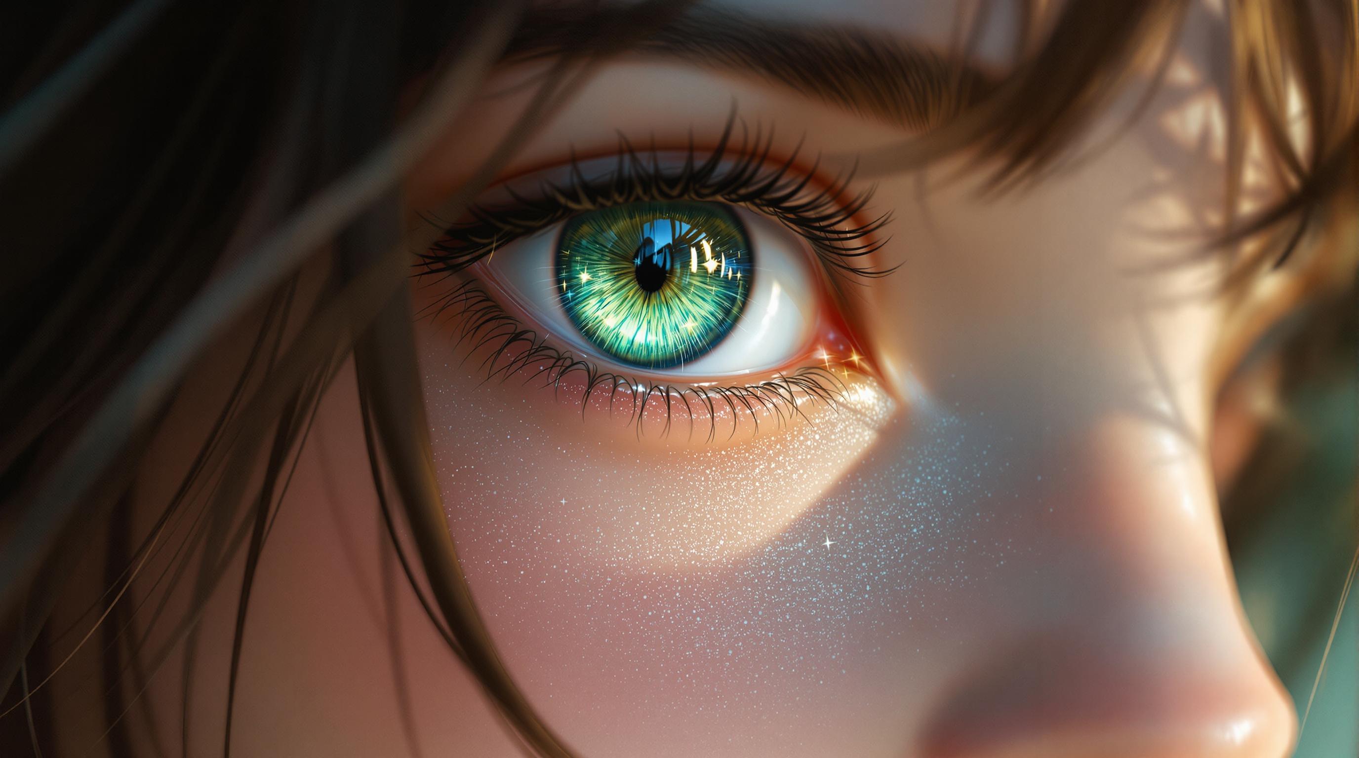 A breathtaking anime wallpaper featuring a close-up of a girl's face, her striking green eyes rendered with mesmerizing clarity and depth, subtle highlights dancing within them. Freckles dot her cheeks with intricate texture, adding warmth and character, while strands of dark brown hair softly frame the composition. Captured as if with a DSLR, 50mm lens, shallow depth of field, and cinematic lighting, this 8K image radiates photorealistic precision and profound emotional intensity.