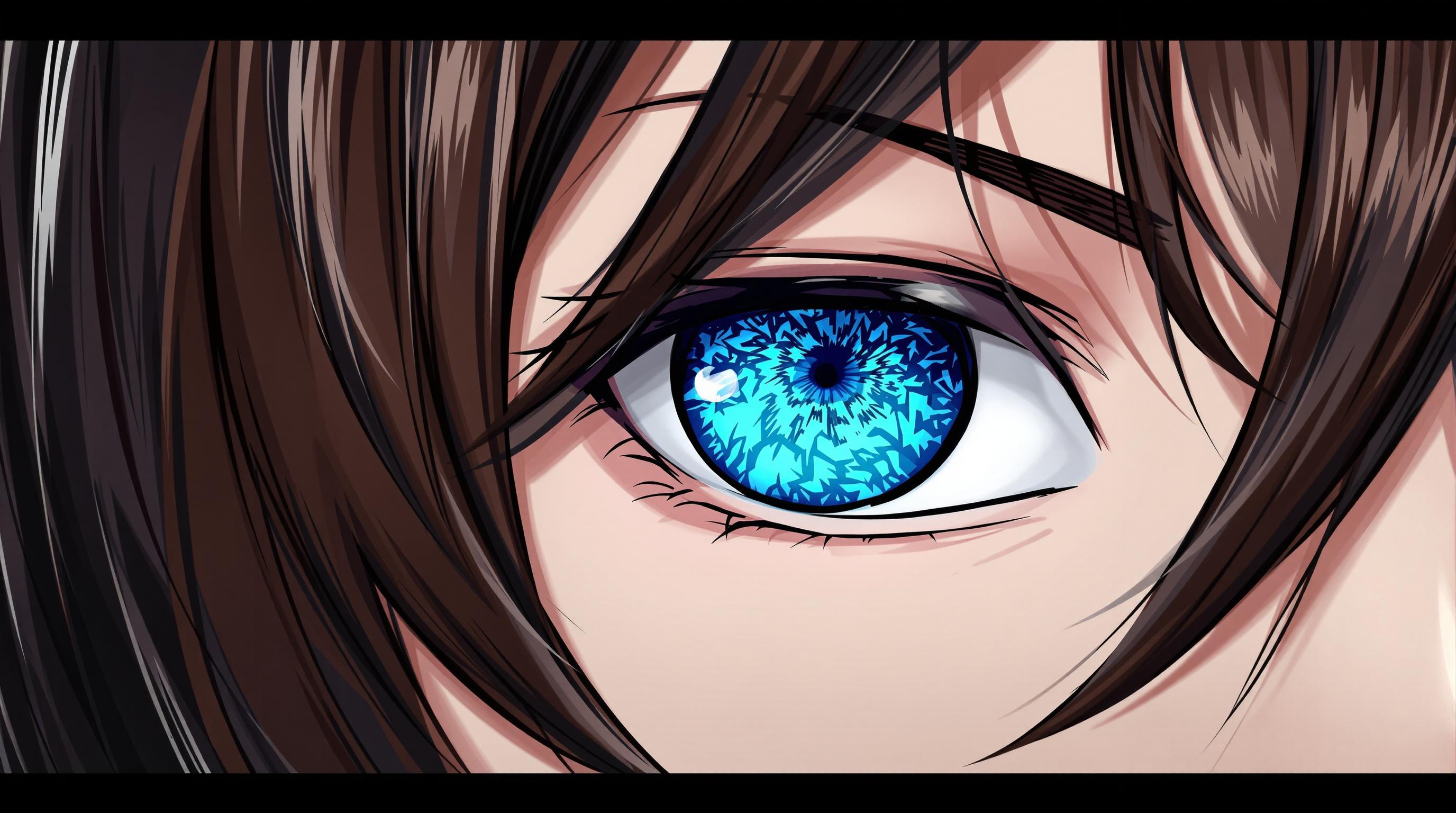This image is a closeup digital illustration of a persons eyes, with a focus on the striking blue irises that are the center piece of the image. The eyes are detailed with a complex pattern of turquoise and blue, reminiscent of a watery or glowing appearance, which gives them a dramatic and intense look. The persons hair is predominantly dark brown, with some strands of black hair visible on the left side of the image. The hair is styled in a way that it cascades down the sides of the head, with individual strands highlighted and shaded to give a sense of volume and texture. The art style of the image is highly stylized and appears to be influenced by anime or manga, with its exaggerated features and vibrant colors. The lines are clean and precise, with a high level of detail in the shading and highlights, which gives the image a three dimensional effect. The medium of the image is digital, as evidenced by the smooth gradients and seamless blending of colors. The image has a high resolution, allowing for the intricate details to be appreciated up close. The colors in the image are primarily blue, turquoise, and brown, with touches of black and hints of other colors in the hair. The blue of the eyes is the most prominent, and it stands out against the brown of the hair and the grayscale of the skin tones. The black hair adds contrast and depth to the image. There are no objects in the image aside from the persons hair and the eyes themselves. The background is nondescript, with a gradient of grays that fades into white, ensuring that the focus remains on the detailed features of the eyes.