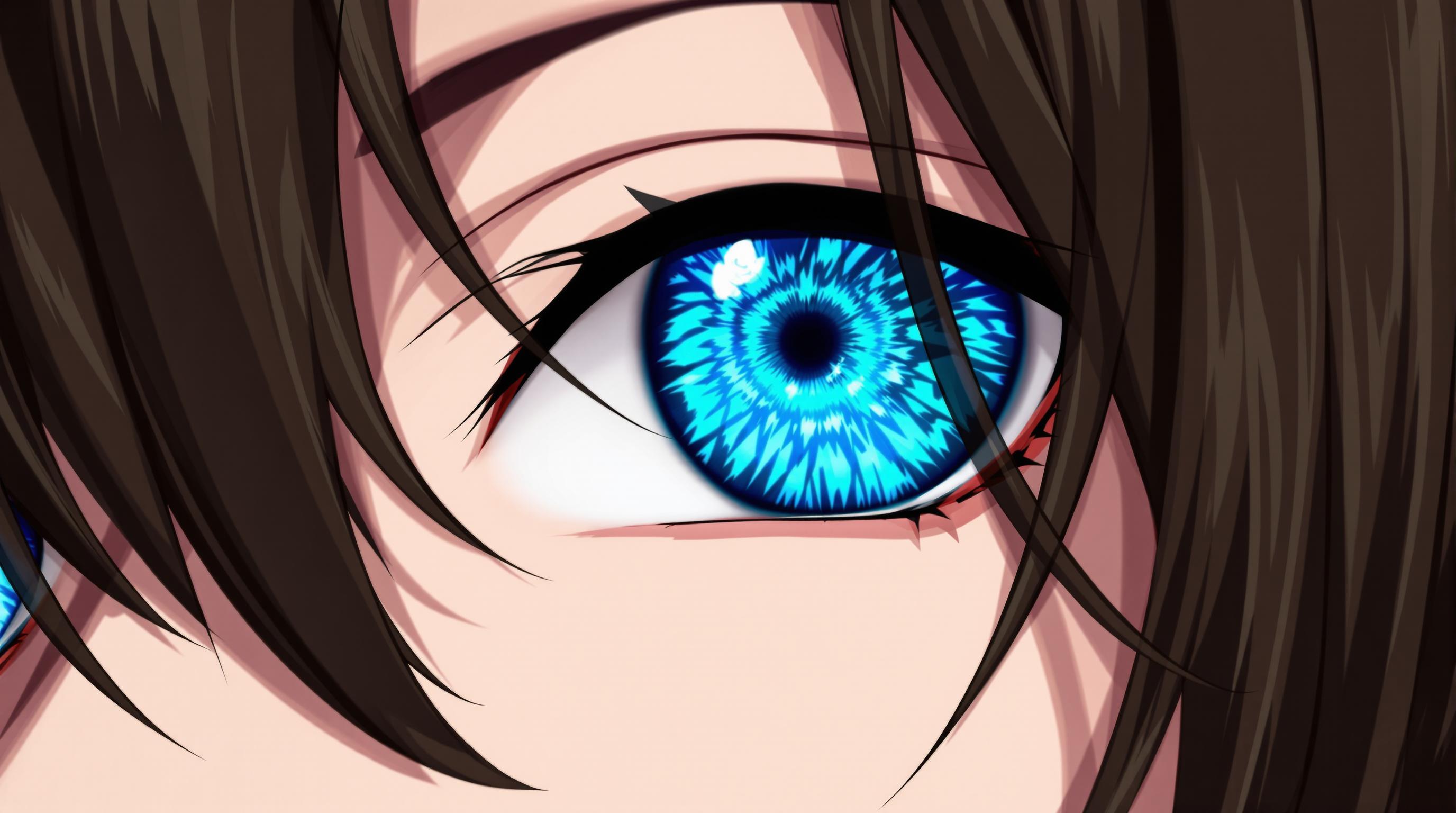This image is a closeup digital illustration of a persons eyes, with a focus on the striking blue irises that are the center piece of the image. The eyes are detailed with a complex pattern of turquoise and blue, reminiscent of a watery or glowing appearance, which gives them a dramatic and intense look. The persons hair is predominantly dark brown, with some strands of black hair visible on the left side of the image. The hair is styled in a way that it cascades down the sides of the head, with individual strands highlighted and shaded to give a sense of volume and texture. The art style of the image is highly stylized and appears to be influenced by anime or manga, with its exaggerated features and vibrant colors. The lines are clean and precise, with a high level of detail in the shading and highlights, which gives the image a three dimensional effect. The medium of the image is digital, as evidenced by the smooth gradients and seamless blending of colors. The image has a high resolution, allowing for the intricate details to be appreciated up close. The colors in the image are primarily blue, turquoise, and brown, with touches of black and hints of other colors in the hair. The blue of the eyes is the most prominent, and it stands out against the brown of the hair and the grayscale of the skin tones. The black hair adds contrast and depth to the image. There are no objects in the image aside from the persons hair and the eyes themselves. The background is nondescript, with a gradient of grays that fades into white, ensuring that the focus remains on the detailed features of the eyes.