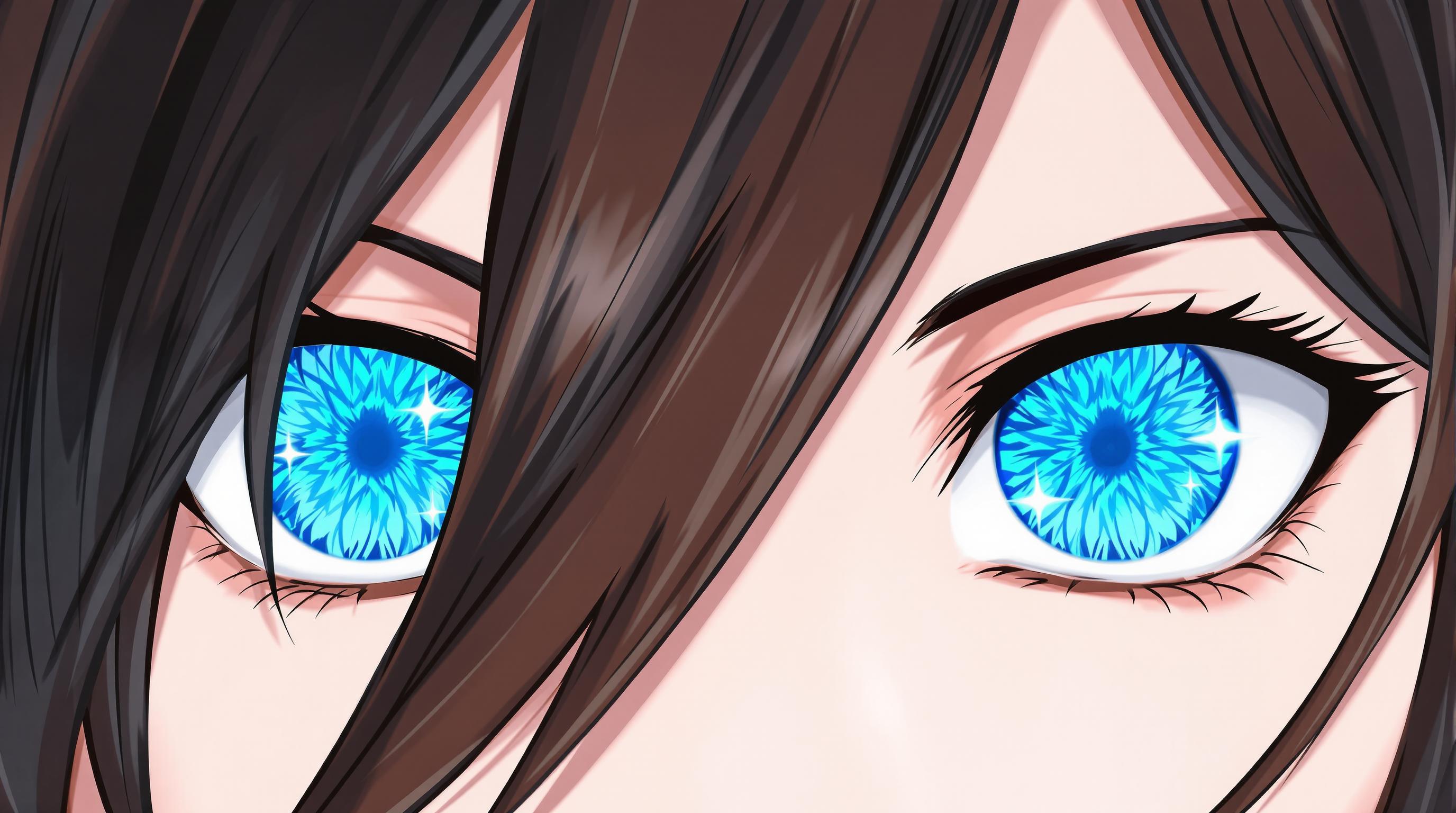 This image is a closeup digital illustration of a persons eyes, with a focus on the striking blue irises that are the center piece of the image. The eyes are detailed with a complex pattern of turquoise and blue, reminiscent of a watery or glowing appearance, which gives them a dramatic and intense look. The persons hair is predominantly dark brown, with some strands of black hair visible on the left side of the image. The hair is styled in a way that it cascades down the sides of the head, with individual strands highlighted and shaded to give a sense of volume and texture. The art style of the image is highly stylized and appears to be influenced by anime or manga, with its exaggerated features and vibrant colors. The lines are clean and precise, with a high level of detail in the shading and highlights, which gives the image a three dimensional effect. The medium of the image is digital, as evidenced by the smooth gradients and seamless blending of colors. The image has a high resolution, allowing for the intricate details to be appreciated up close. The colors in the image are primarily blue, turquoise, and brown, with touches of black and hints of other colors in the hair. The blue of the eyes is the most prominent, and it stands out against the brown of the hair and the grayscale of the skin tones. The black hair adds contrast and depth to the image. There are no objects in the image aside from the persons hair and the eyes themselves. The background is nondescript, with a gradient of grays that fades into white, ensuring that the focus remains on the detailed features of the eyes.