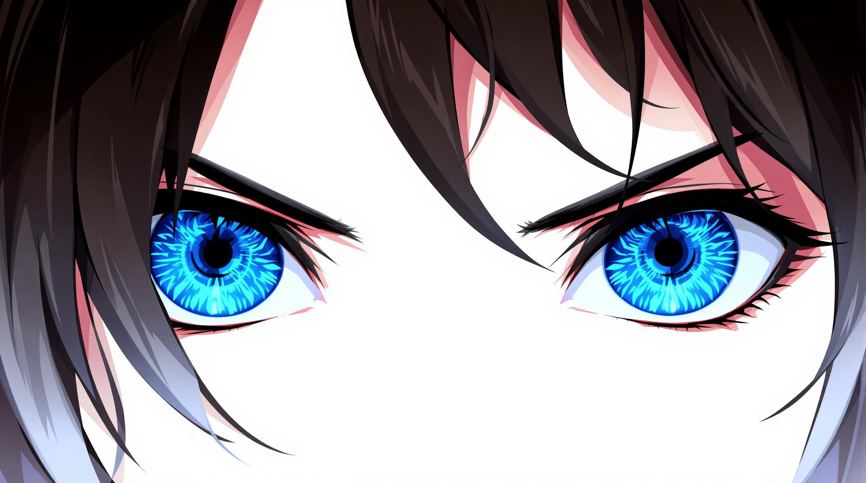 This is a close-up digital illustration of a person's eyes, centered on the striking blue irises with intricate turquoise and blue patterns reminiscent of glowing water, exuding a dramatic and intense expression. The dark brown hair, with strands of black on the left, cascades down with detailed shading and highlights for a voluminous, textured look, while the anime-inspired style features exaggerated, vibrant details and clean, precise lines. The nondescript gray-to-white gradient background ensures the focus remains on the eyes, rendered with smooth gradients and high-resolution clarity in a digital medium.
