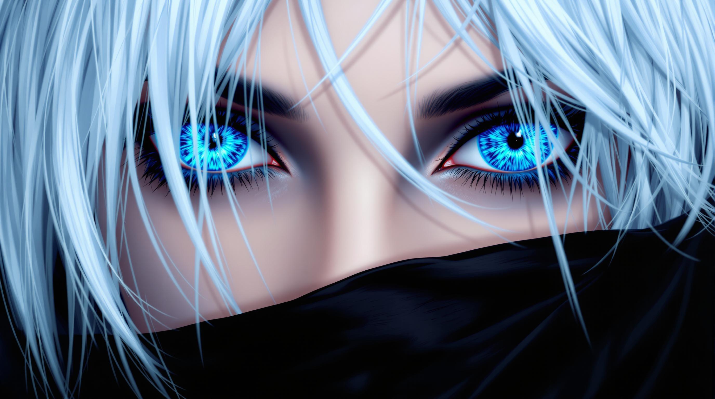 This image is realistic photo (photograph) of a female real person a closeup digital illustration of a persons eyes, with a focus on the striking blue irises that are the center piece of the image. The eyes are detailed with a complex pattern of blue and black, reminiscent of a fiery or glowing design, which gives them a dynamic and somewhat menacing appearance. The irises are surrounded by a thin, pale blue sclera, which contrasts with the blue, and the eyelashes are long and dark, adding to the intensity of the gaze.The hair in the image is predominantly white, with some strands that are black, giving it a stark and dramatic look. The white hair is styled in a way that it cascades over the top of the image, obscuring part of the subjects face and adding to the enigmatic quality of the image.The overall art style of the image is digital painting, with a high level of detail and smooth color transitions that are characteristic of modern digital illustration techniques. The medium appears to be a combination of digital painting software and possibly some postprocessing to achieve the final look, given the clean lines and lack of texture that are typical of digital art.The colors in the image are primarily blue, white, and black, with touches of blue and gray. The blues are vibrant and intense, while the whites and blacks are pure and stark, creating a visually striking contrast. The overall color palette is monochromatic, with the exception of the blues, which add depth and complexity to the image.There are no objects in the image aside from the subjects hair and the eyes themselves. The focus is entirely on the subjects gaze and the intricate details of the eyes, which are the central elements of the composition. The simplicity of the image, with its lack of extraneous details, allows the viewer to fully immerse in the emotional and visual impact of the subjects eyes.