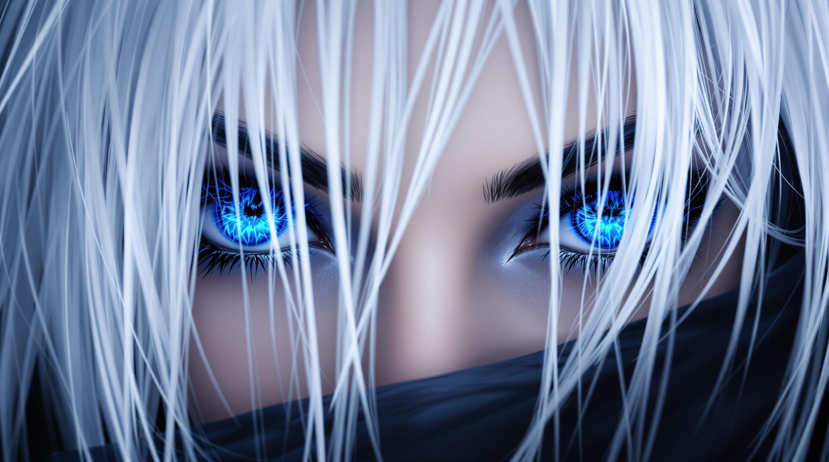 This image is realistic photo (photograph) of a female real person a closeup digital illustration of a persons eyes, with a focus on the striking blue irises that are the center piece of the image. The eyes are detailed with a complex pattern of blue and black, reminiscent of a fiery or glowing design, which gives them a dynamic and somewhat menacing appearance. The irises are surrounded by a thin, pale blue sclera, which contrasts with the blue, and the eyelashes are long and dark, adding to the intensity of the gaze.The hair in the image is predominantly white, with some strands that are black, giving it a stark and dramatic look. The white hair is styled in a way that it cascades over the top of the image, obscuring part of the subjects face and adding to the enigmatic quality of the image.The overall art style of the image is digital painting, with a high level of detail and smooth color transitions that are characteristic of modern digital illustration techniques. The medium appears to be a combination of digital painting software and possibly some postprocessing to achieve the final look, given the clean lines and lack of texture that are typical of digital art.The colors in the image are primarily blue, white, and black, with touches of blue and gray. The blues are vibrant and intense, while the whites and blacks are pure and stark, creating a visually striking contrast. The overall color palette is monochromatic, with the exception of the blues, which add depth and complexity to the image.There are no objects in the image aside from the subjects hair and the eyes themselves. The focus is entirely on the subjects gaze and the intricate details of the eyes, which are the central elements of the composition. The simplicity of the image, with its lack of extraneous details, allows the viewer to fully immerse in the emotional and visual impact of the subjects eyes.