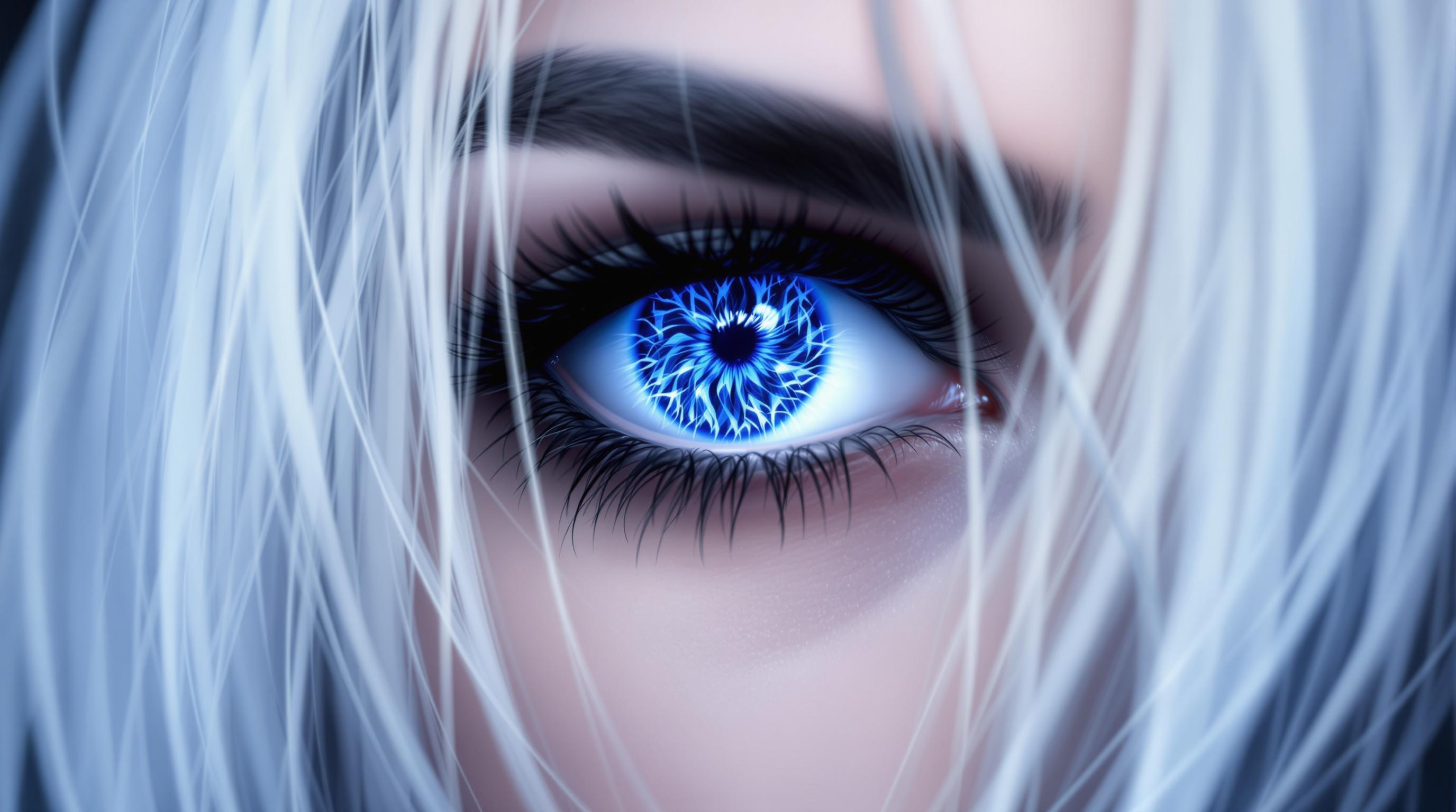 This image is realistic photo (photograph) of a female real person a closeup digital illustration of a persons eyes, with a focus on the striking blue irises that are the center piece of the image. The eyes are detailed with a complex pattern of blue and black, reminiscent of a fiery or glowing design, which gives them a dynamic and somewhat menacing appearance. The irises are surrounded by a thin, pale blue sclera, which contrasts with the blue, and the eyelashes are long and dark, adding to the intensity of the gaze.The hair in the image is predominantly white, with some strands that are black, giving it a stark and dramatic look. The white hair is styled in a way that it cascades over the top of the image, obscuring part of the subjects face and adding to the enigmatic quality of the image.The overall art style of the image is digital painting, with a high level of detail and smooth color transitions that are characteristic of modern digital illustration techniques. The medium appears to be a combination of digital painting software and possibly some postprocessing to achieve the final look, given the clean lines and lack of texture that are typical of digital art.The colors in the image are primarily blue, white, and black, with touches of blue and gray. The blues are vibrant and intense, while the whites and blacks are pure and stark, creating a visually striking contrast. The overall color palette is monochromatic, with the exception of the blues, which add depth and complexity to the image.There are no objects in the image aside from the subjects hair and the eyes themselves. The focus is entirely on the subjects gaze and the intricate details of the eyes, which are the central elements of the composition. The simplicity of the image, with its lack of extraneous details, allows the viewer to fully immerse in the emotional and visual impact of the subjects eyes.