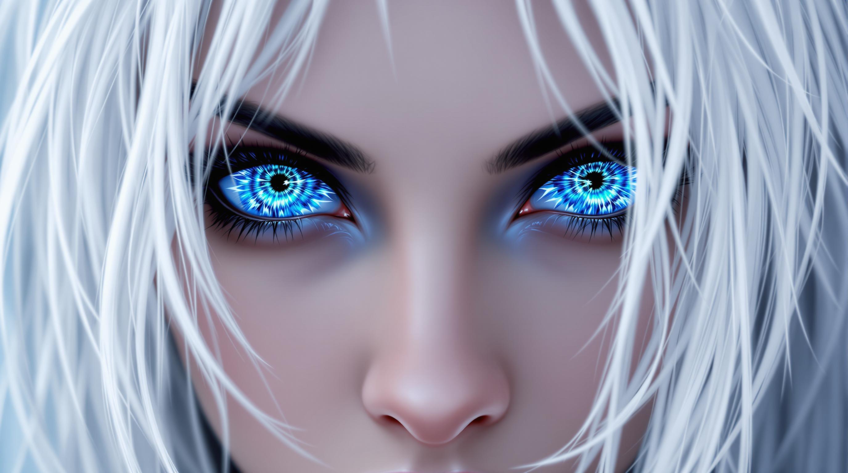 This image is realistic photo (photograph) of a female real person a closeup digital illustration of a persons eyes, with a focus on the striking blue irises that are the center piece of the image. The eyes are detailed with a complex pattern of blue and black, reminiscent of a fiery or glowing design, which gives them a dynamic and somewhat menacing appearance. The irises are surrounded by a thin, pale blue sclera, which contrasts with the blue, and the eyelashes are long and dark, adding to the intensity of the gaze.The hair in the image is predominantly white, with some strands that are black, giving it a stark and dramatic look. The white hair is styled in a way that it cascades over the top of the image, obscuring part of the subjects face and adding to the enigmatic quality of the image.The overall art style of the image is digital painting, with a high level of detail and smooth color transitions that are characteristic of modern digital illustration techniques. The medium appears to be a combination of digital painting software and possibly some postprocessing to achieve the final look, given the clean lines and lack of texture that are typical of digital art.The colors in the image are primarily blue, white, and black, with touches of blue and gray. The blues are vibrant and intense, while the whites and blacks are pure and stark, creating a visually striking contrast. The overall color palette is monochromatic, with the exception of the blues, which add depth and complexity to the image.There are no objects in the image aside from the subjects hair and the eyes themselves. The focus is entirely on the subjects gaze and the intricate details of the eyes, which are the central elements of the composition. The simplicity of the image, with its lack of extraneous details, allows the viewer to fully immerse in the emotional and visual impact of the subjects eyes.
