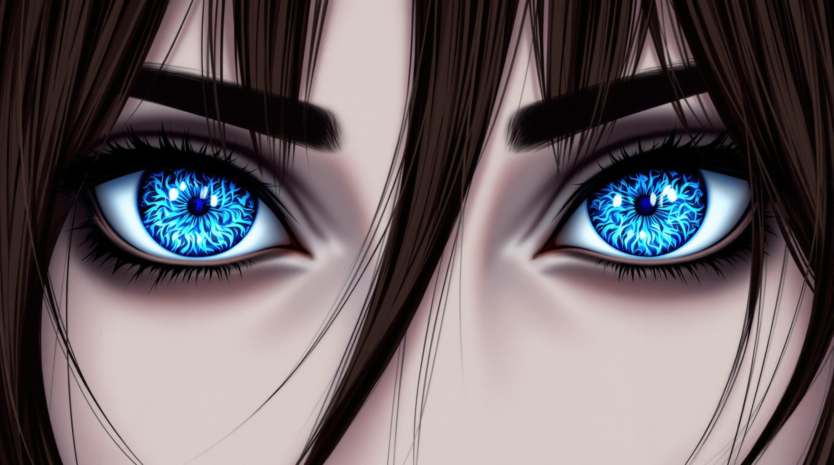 This image is realistic photo (photograph) of a female real person a closeup digital illustration of a persons eyes, with a focus on the striking blue irises that are the center piece of the image. The eyes are detailed with a complex pattern of blue and black, reminiscent of a fiery or glowing design, which gives them a dynamic and somewhat menacing appearance. The irises are surrounded by a thin, pale blue sclera, which contrasts with the blue, and the eyelashes are long and dark, adding to the intensity of the gaze.The hair in the image is predominantly dark brown, with some strands that are black, giving it a stark and dramatic look. The dark brown hair is styled in a way that it cascades over the top of the image, obscuring part of the subjects face and adding to the enigmatic quality of the image.The overall art style of the image is digital painting, with a high level of detail and smooth color transitions that are characteristic of modern digital illustration techniques. The medium appears to be a combination of digital painting software and possibly some postprocessing to achieve the final look, given the clean lines and lack of texture that are typical of digital art.The colors in the image are primarily blue, brown, and black, with touches of blue and gray. The blues are vibrant and intense, while the browns and blacks are pure and stark, creating a visually striking contrast. The overall color palette is monochromatic, with the exception of the blues, which add depth and complexity to the image.There are no objects in the image aside from the subjects hair and the eyes themselves. The focus is entirely on the subjects gaze and the intricate details of the eyes, which are the central elements of the composition. The simplicity of the image, with its lack of extraneous details, allows the viewer to fully immerse in the emotional and visual impact of the subjects eyes.