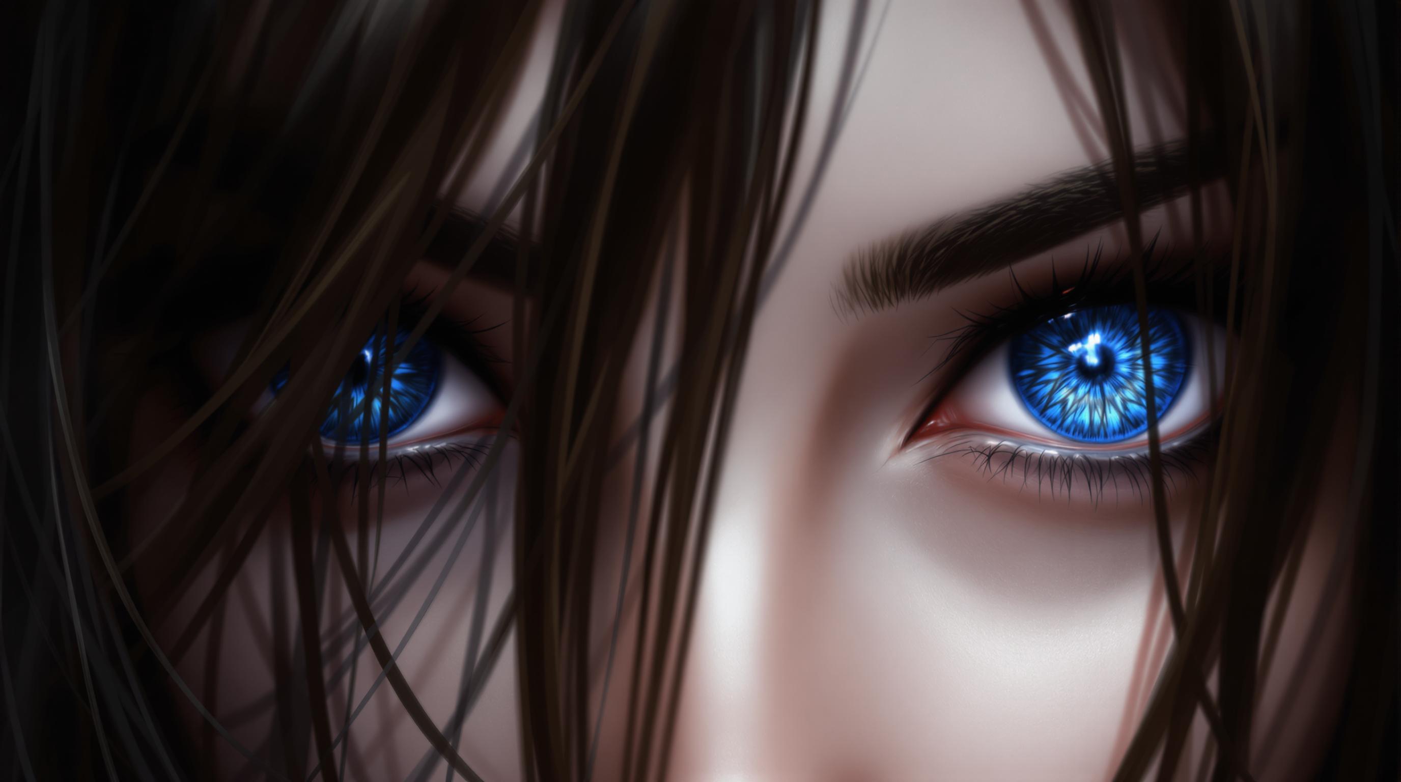 A captivating close-up digital illustration of a female’s eyes, showcasing striking blue irises with intricate fiery patterns of blue and black, radiating a dynamic and slightly menacing aura. The pale blue sclera contrasts sharply with the vibrant irises, framed by long, dark eyelashes and cascading dark brown and black hair that partially obscures the face, enhancing the enigmatic intensity. Rendered in a detailed digital painting style with smooth color transitions, the monochromatic palette of blues, browns, and blacks creates a visually striking and emotionally immersive composition.