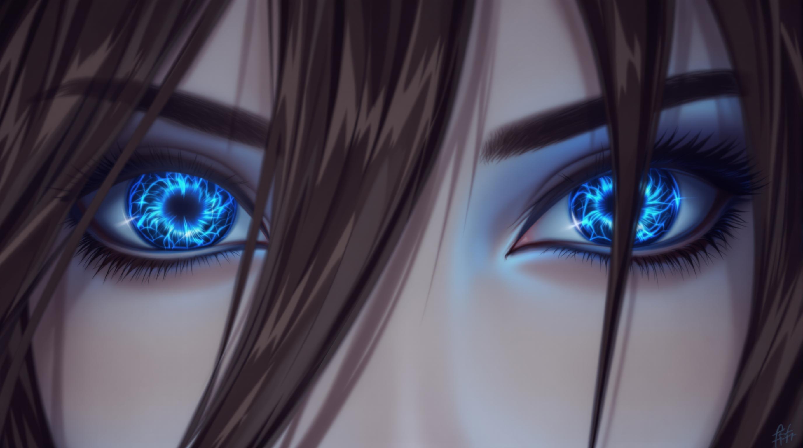 A captivating close-up digital illustration of a female’s eyes, showcasing striking blue irises with intricate fiery patterns of blue and black, radiating a dynamic and slightly menacing aura. The pale blue sclera contrasts sharply with the vibrant irises, framed by long, dark eyelashes and cascading dark brown and black hair that partially obscures the face, enhancing the enigmatic intensity. Rendered in a detailed digital painting style with smooth color transitions, the monochromatic palette of blues, browns, and blacks creates a visually striking and emotionally immersive composition.