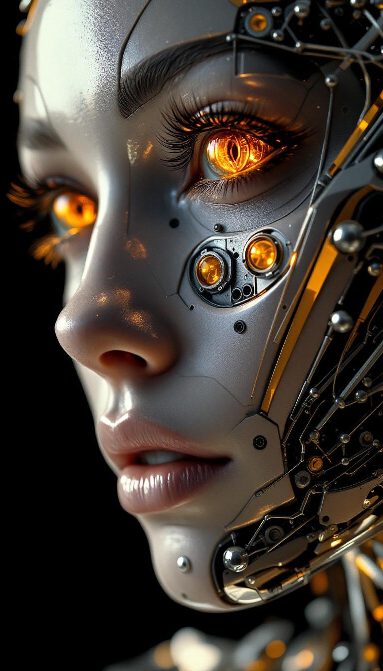 A striking fusion of organic and mechanical perfection, the full-body cyborg woman emerges as a mesmerizing symphony of artistry and precision. Her form is a breathtaking collage—an intricate dance between geometric abstraction and cubist distortions, evoking the surreal craftsmanship of Jan Švankmajer. Every metallic contour, every synthetic joint, pulses with life, illuminated by an exquisite interplay of light and shadow.
Her presence is bold yet haunting, captured with hyperrealistic detail in a stunning homage to the visionary strokes of Enki Bilal. The textures gleam under the studio lights—metal, ceramic, and bio-synthetic skin converging in a divine masterpiece, each element an extension of futuristic elegance. The composition is luscious and mesmeric, luring the viewer into an irresistible dreamscape where technology and humanity blur.
As the lens zooms in, the macro photography of Miki Asai unveils the hyper-detailed intricacies—a whispered testament to the sharp craftsmanship defining each rivet, each delicate imperfection. The entire image resonates with an ethereal, almost hypnotic quality, capturing a sense of raw emotion infused within steel. Trending across ArtStation, its impact is undeniable—a glorious vision of transcendence, elegance, and cybernetic allure.
