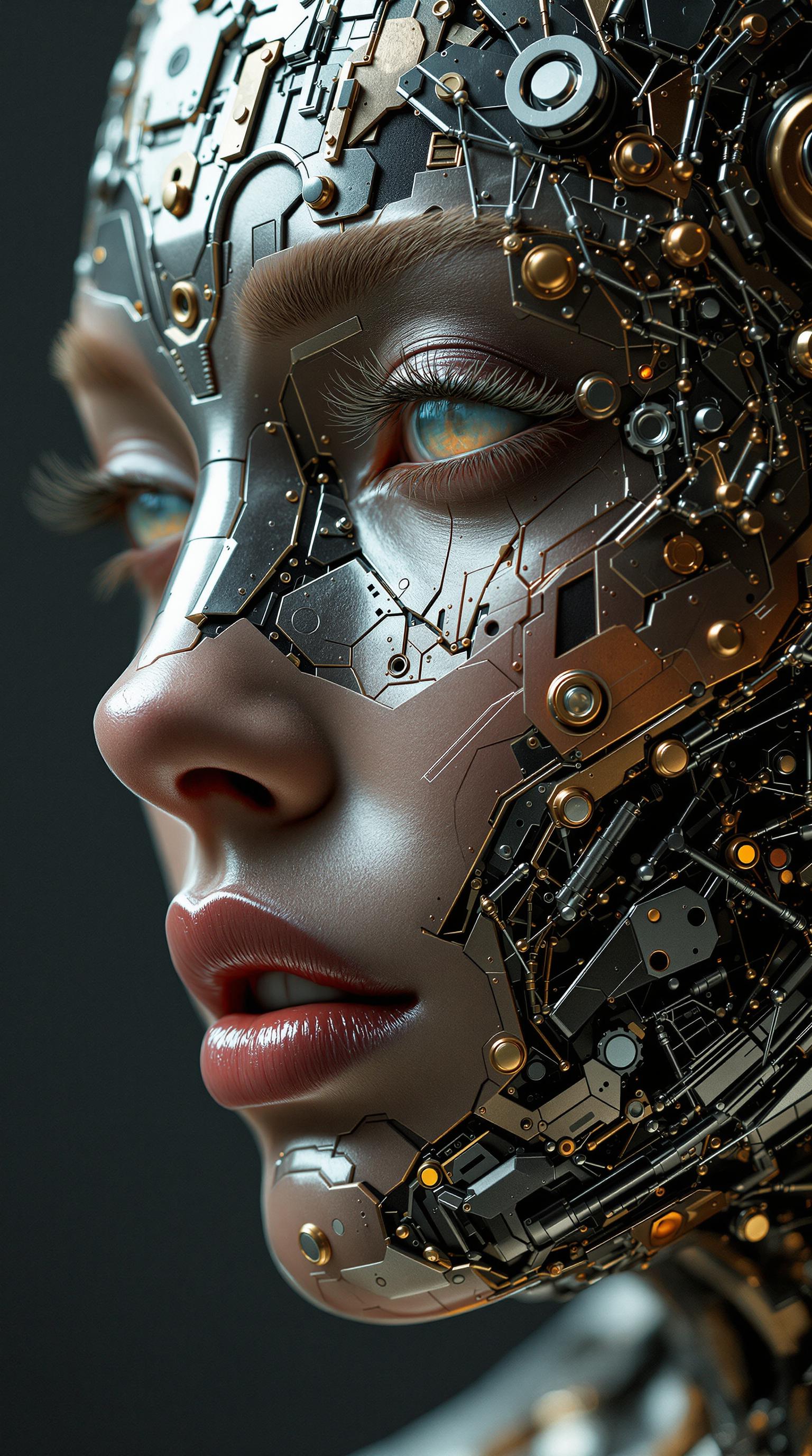 A striking fusion of organic and mechanical perfection, the full-body cyborg woman emerges as a mesmerizing symphony of artistry and precision. Her form is a breathtaking collage—an intricate dance between geometric abstraction and cubist distortions, evoking the surreal craftsmanship of Jan Švankmajer. Every metallic contour, every synthetic joint, pulses with life, illuminated by an exquisite interplay of light and shadow.
Her presence is bold yet haunting, captured with hyperrealistic detail in a stunning homage to the visionary strokes of Enki Bilal. The textures gleam under the studio lights—metal, ceramic, and bio-synthetic skin converging in a divine masterpiece, each element an extension of futuristic elegance. The composition is luscious and mesmeric, luring the viewer into an irresistible dreamscape where technology and humanity blur.
As the lens zooms in, the macro photography of Miki Asai unveils the hyper-detailed intricacies—a whispered testament to the sharp craftsmanship defining each rivet, each delicate imperfection. The entire image resonates with an ethereal, almost hypnotic quality, capturing a sense of raw emotion infused within steel. Trending across ArtStation, its impact is undeniable—a glorious vision of transcendence, elegance, and cybernetic allure.
