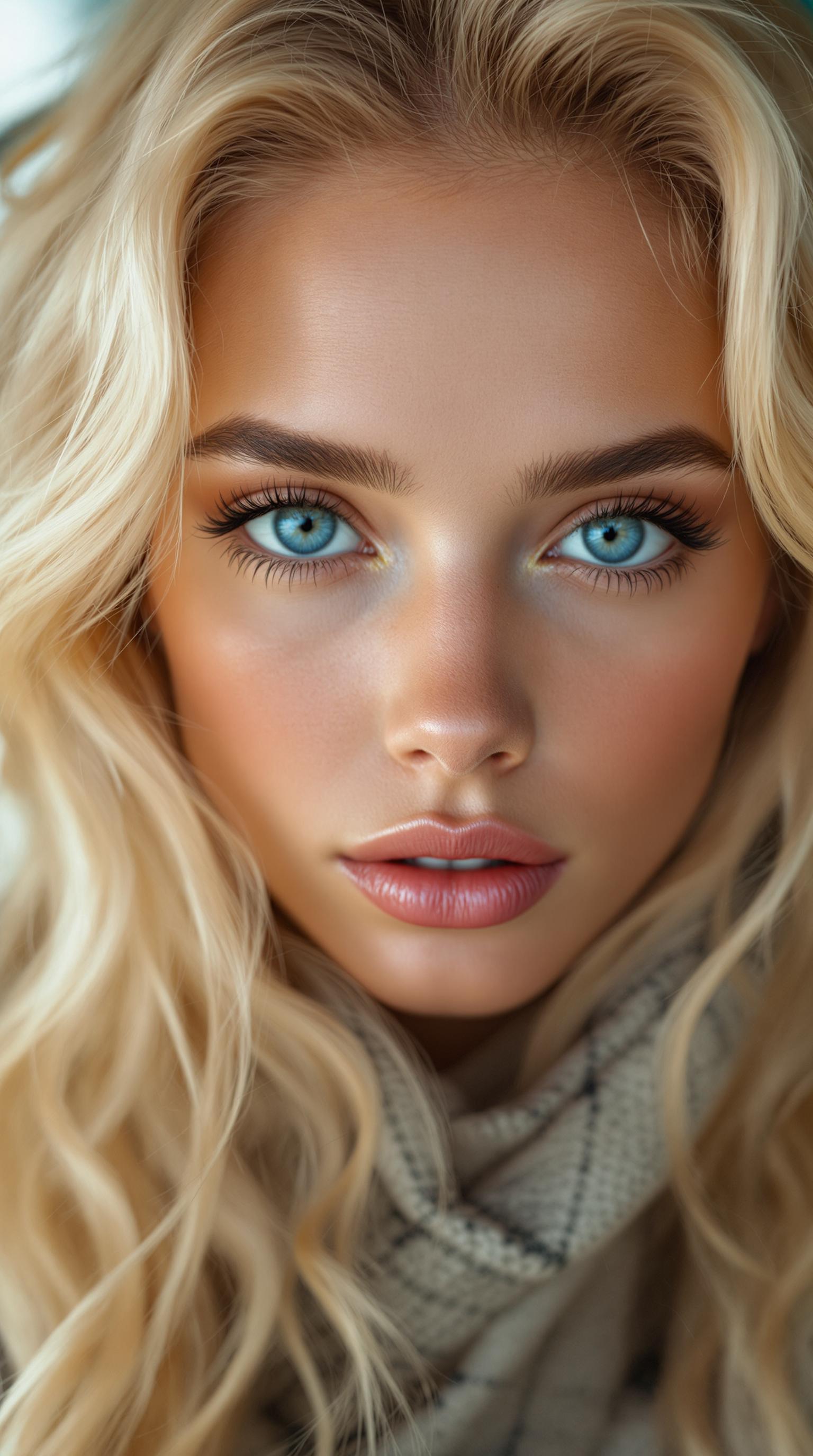 Extremely beautiful woman, blonde hair, big beautiful bright blue eyes, editorial, Vogue magazine cover photoshoot, Shot using a Leica Summilux-M 35mm f/1.4 ASPH lens