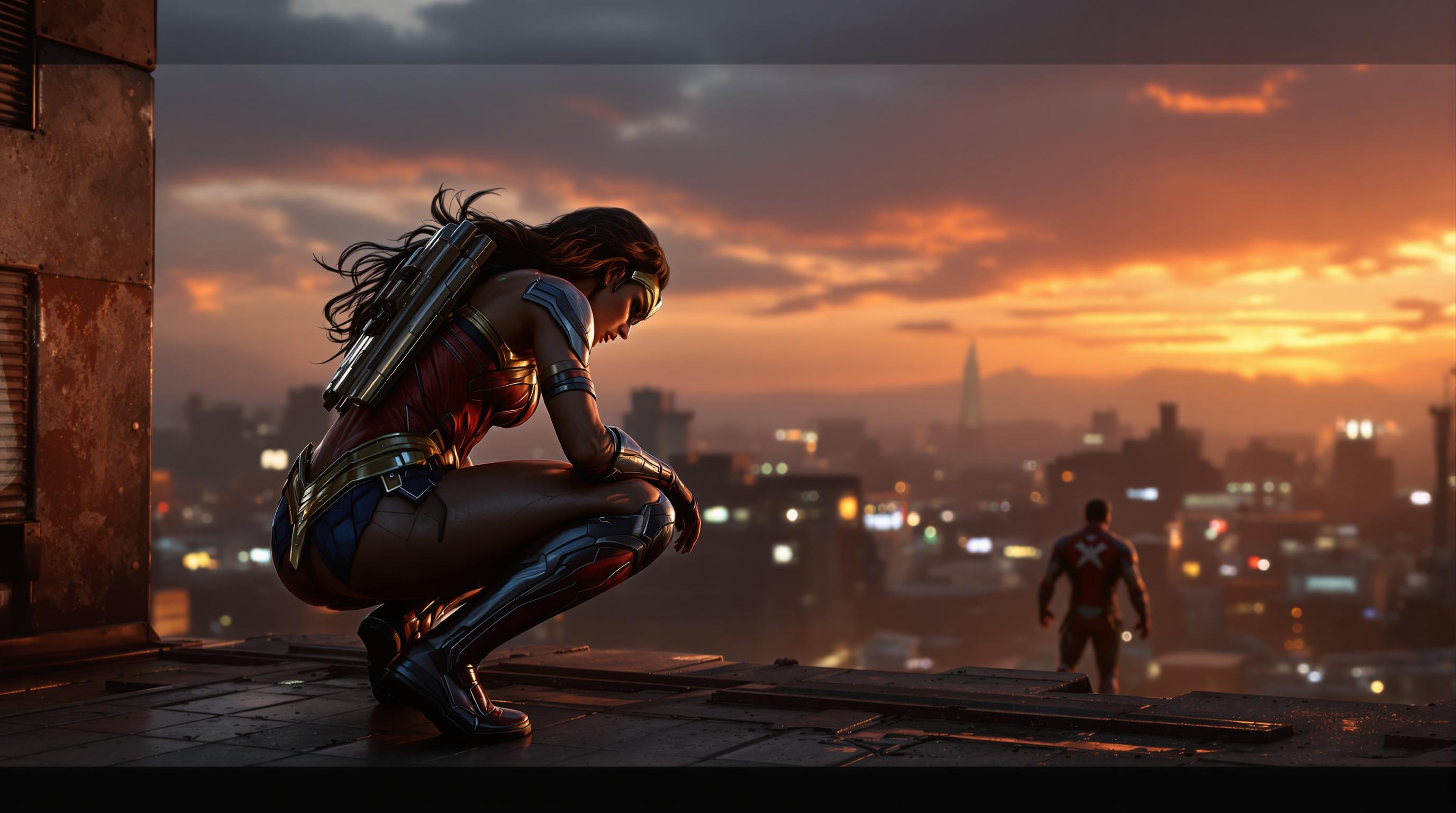 Insanely realistic Marvel Rivals moment on Xbox Series X, Wonder Woman crouching in ambush atop a Hydra base rooftop at dusk, ultra-detailed vibranium suit with subtle fabric texture and matte finish, orange sunset light glinting off his mask’s edges, 4K resolution, Unreal Engine 5 ambient occlusion deepening shadows, photorealistic HUD outlining an unsuspecting enemy below, faint dust motes in the air, hyper-realistic metal rust and cracked tiles underfoot, comic-book tension captured perfectly