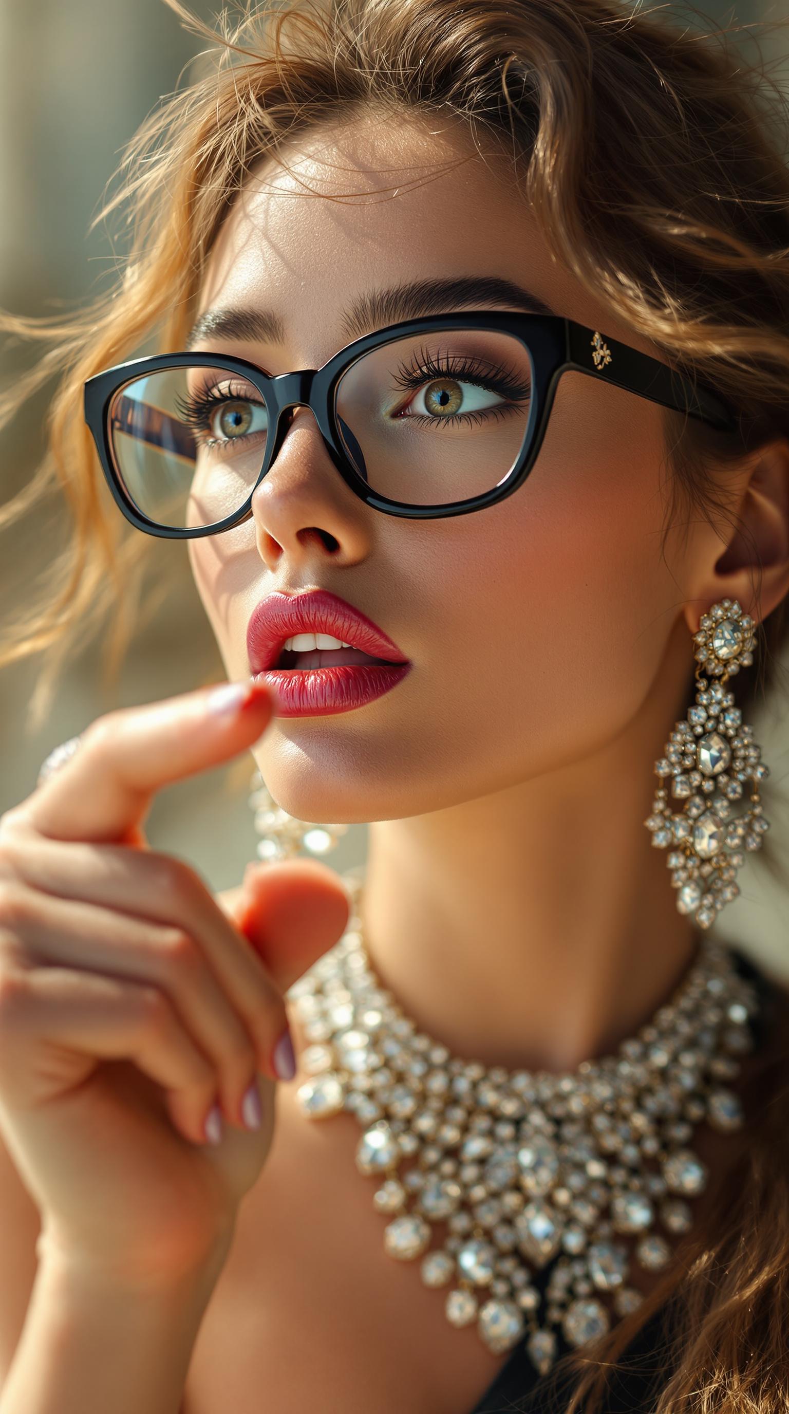 Generate a hyper-realistic beauty portrait of a glamorous fashion model, she's pointing to her right with a surprised look on her face, she's wearing black glasses and a diamond encrusted necklace on her neck, photographed in natural directional light, with luminous skin texture, vibrant lips, and expressive eyes. Include dynamic elements like wind-tousled hair, dramatic diamond jewelry, and a shallow depth of field that enhances facial contours. Use a camera setup such as Canon EOS R5 + RF 85mm f/1.2L lens or Phase One IQ4 with Schneider Kreuznach 110mm LS f/2.8. The image should simulate high-end editorial photography seen in Vogue or Harper’s Bazaar. Add detailed skin micro-texture, soft bokeh, and realistic shadow gradients. Output in 8K, ultra-high fidelity, styled for a luxury skincare or haute couture campaign.