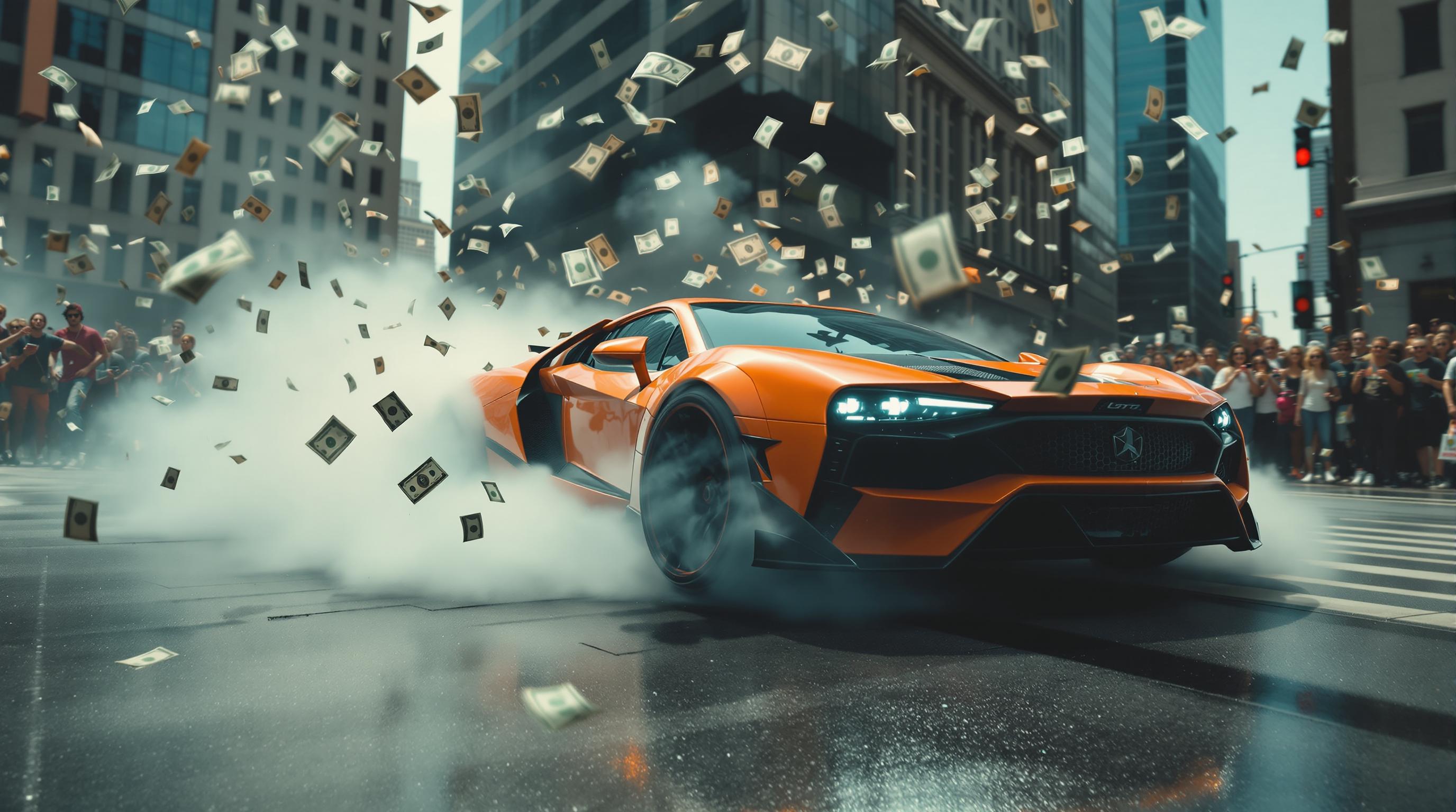 music video style, orange and black super car in a downtown metropolis, doing donuts and figure eights ay hyperspeed, a large crowd encircles it watching in amazement, hundred dollar bills are being thrown into the air from the crowd
