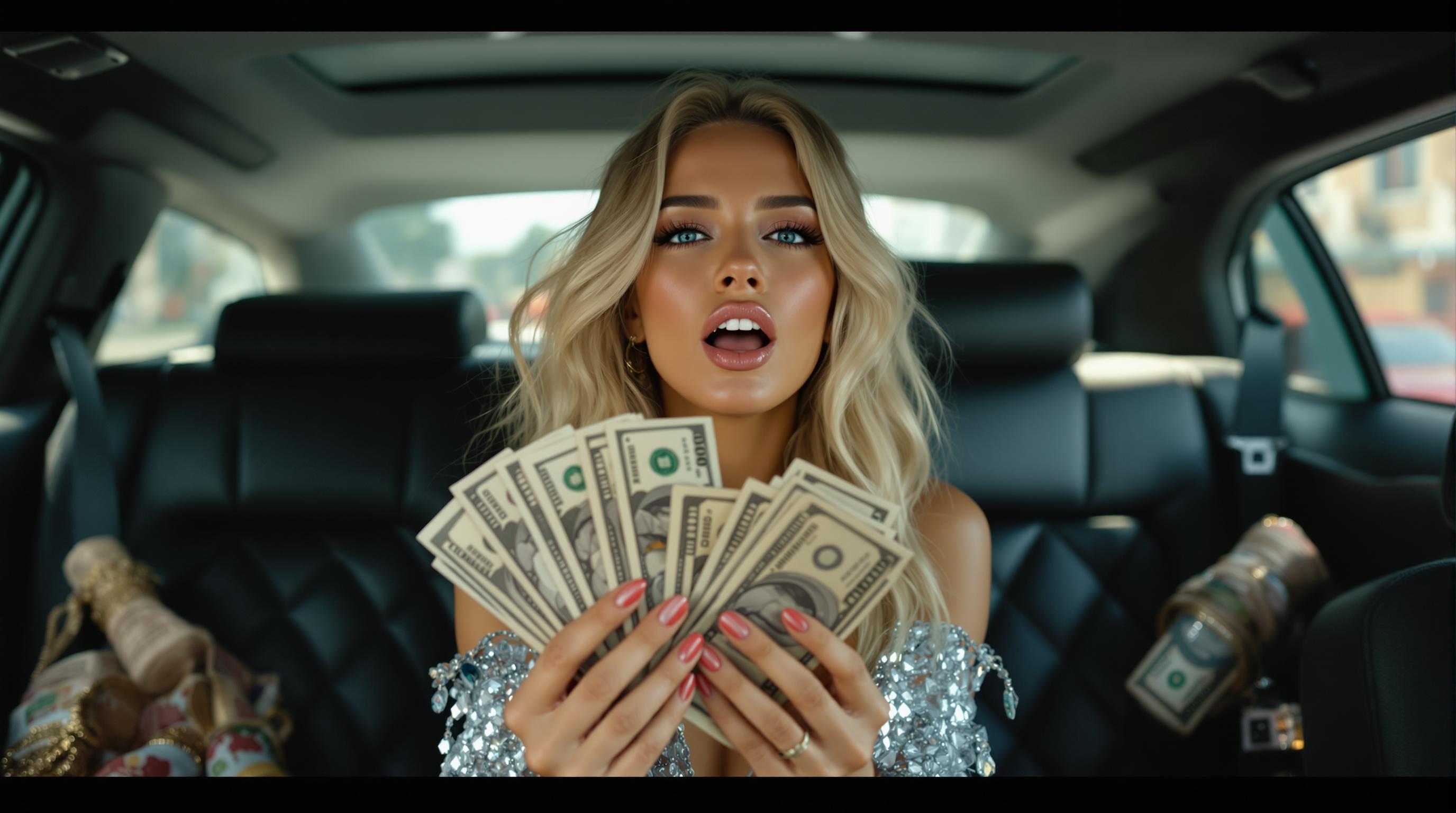 music video style, beautiful 24 year old woman, instagram model, blonde hair with bright blue eyes, sitting in the back of a limousine, she's singing her lyrics with a determined aura, she has multiple hundred dollar bills in her hands as she flashes her money as she raps